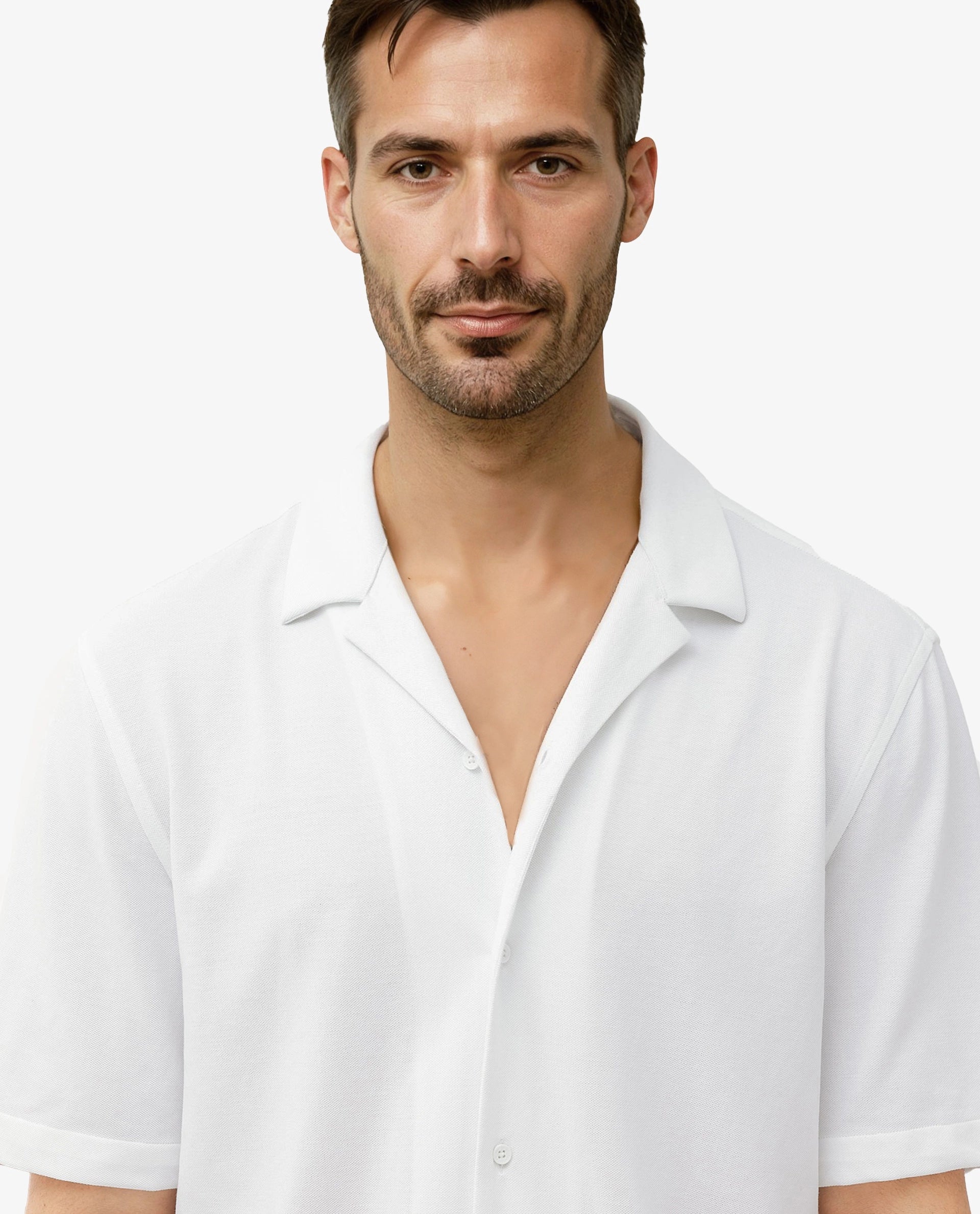 Rare Rabbit Men's Manga White Cotton Polyester Fabric Blend Cuban Collar Half Sleeves Boxy Fit Solid Knitted Shirt