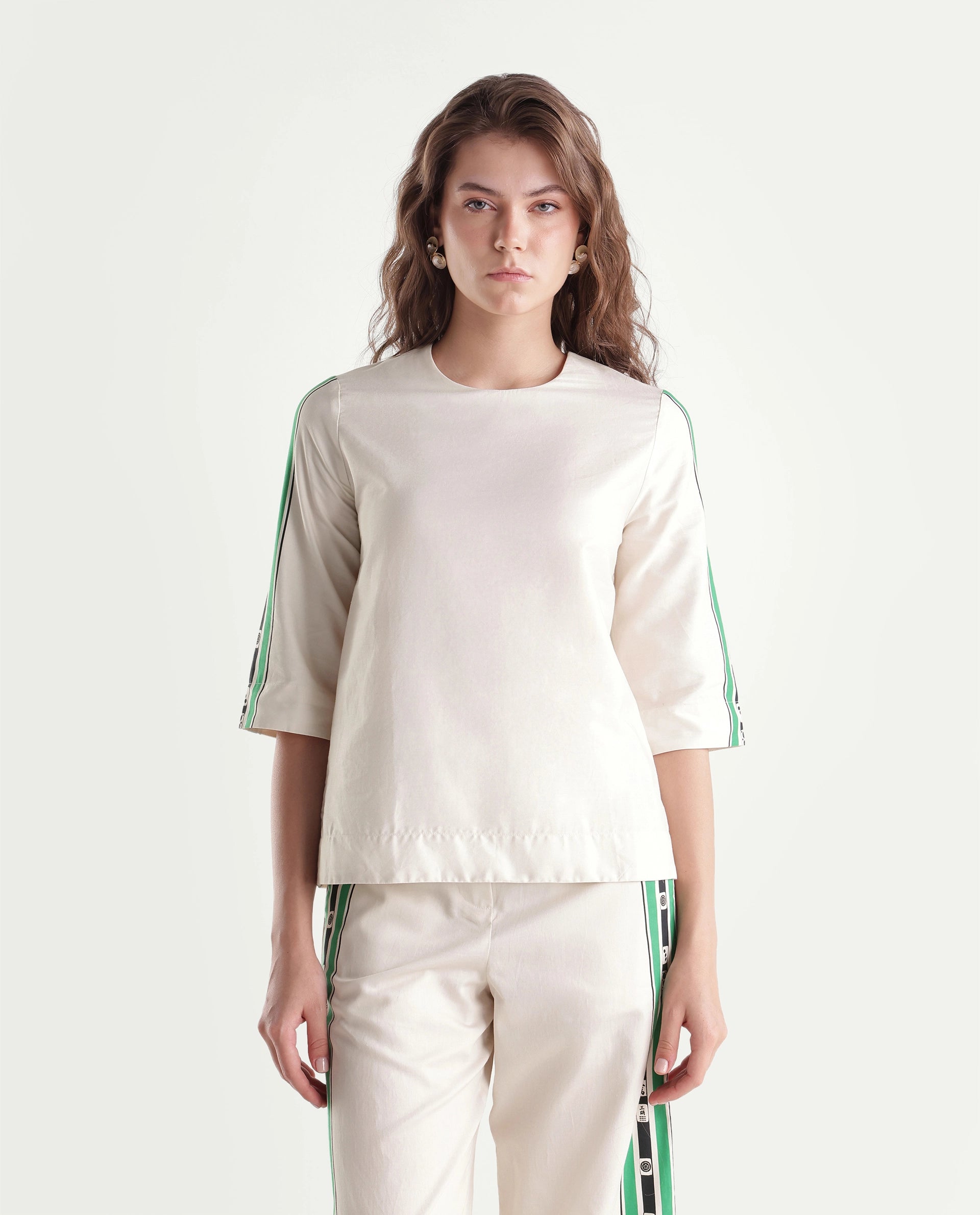 Rareism Women's Mahjo-T Beige Cotton Button A-Line Top