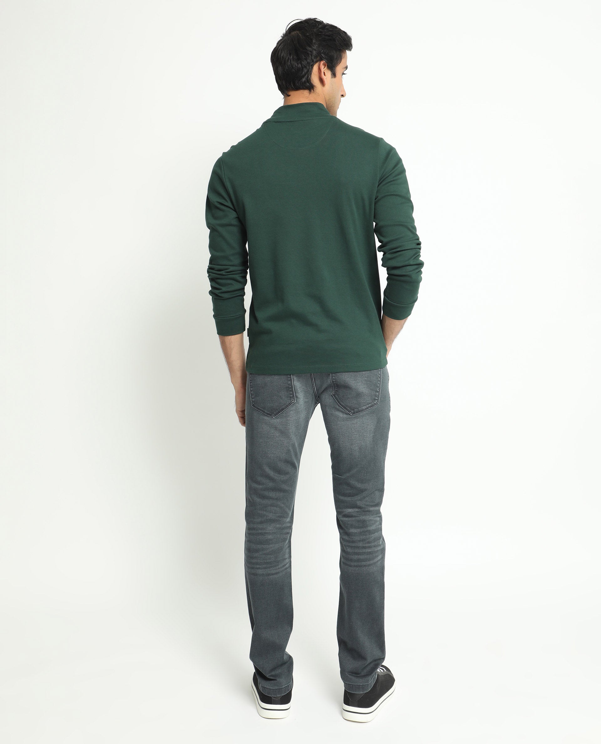 Rare Rabbit Men's Mania Green Cotton Fabric High Neck Full Sleeves Solid Sweatshirt