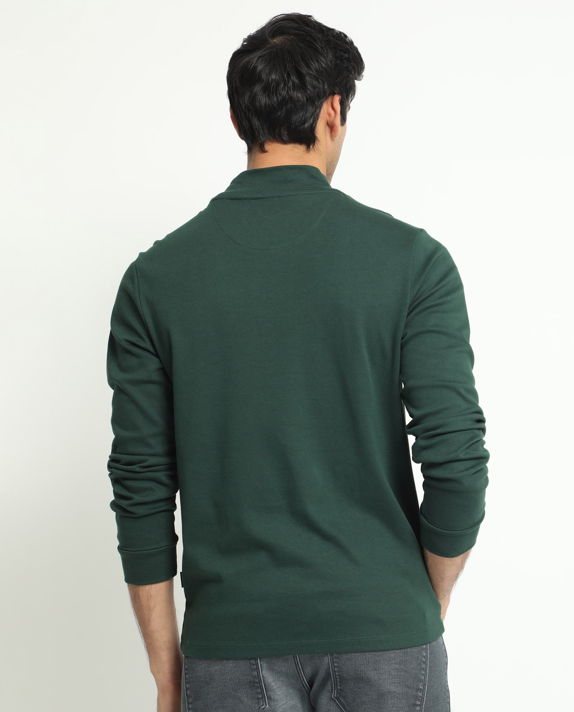 Rare Rabbit Men's Mania Green Cotton Fabric High Neck Full Sleeves Solid Sweatshirt
