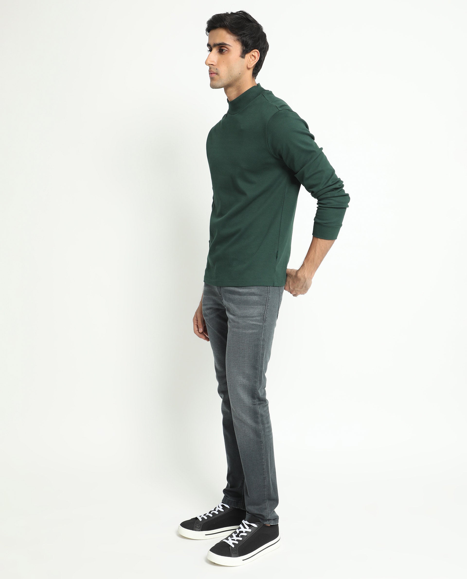 Rare Rabbit Men's Mania Green Cotton Fabric High Neck Full Sleeves Solid Sweatshirt