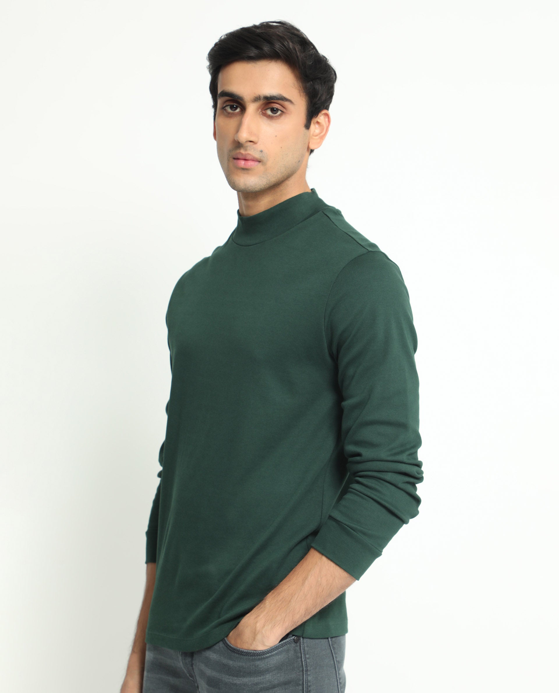 Rare Rabbit Men's Mania Green Cotton Fabric High Neck Full Sleeves Solid Sweatshirt