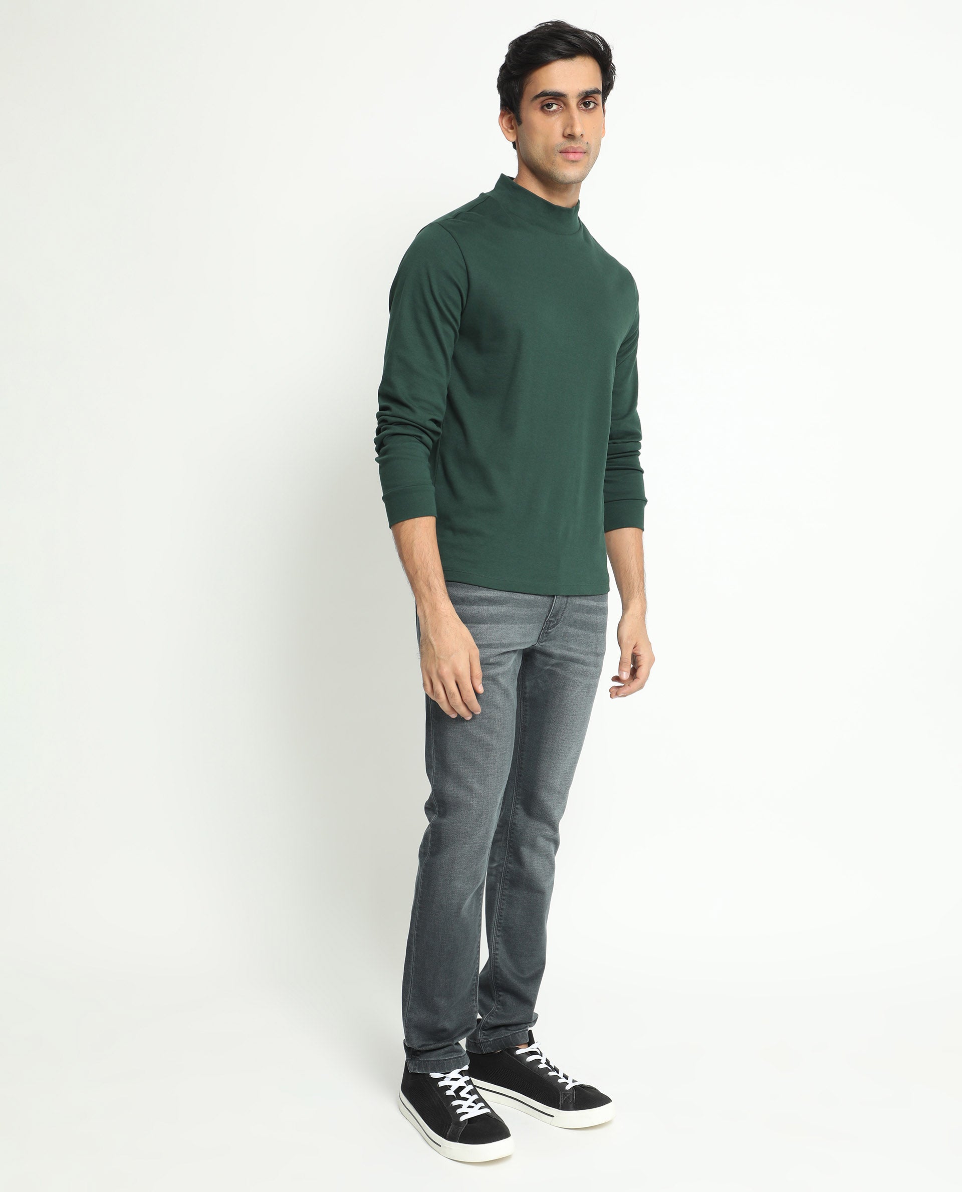 Rare Rabbit Men's Mania Green Cotton Fabric High Neck Full Sleeves Solid Sweatshirt