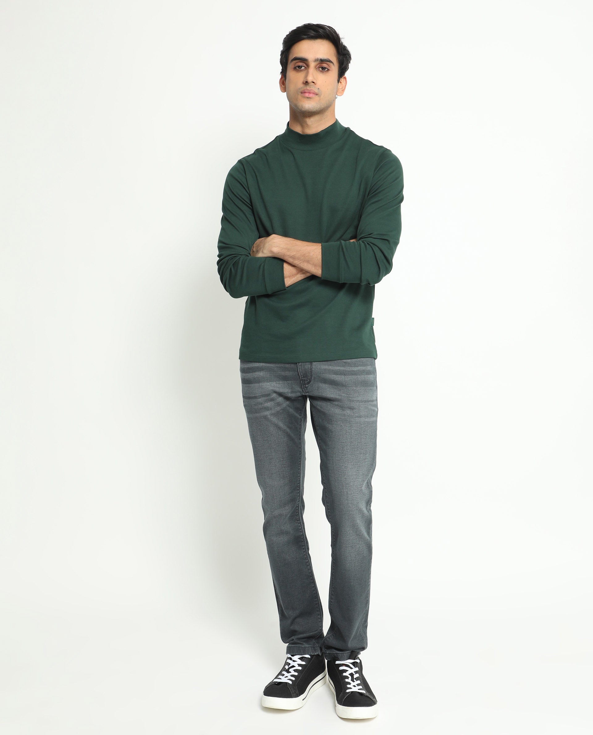 Rare Rabbit Men's Mania Green Cotton Fabric High Neck Full Sleeves Solid Sweatshirt