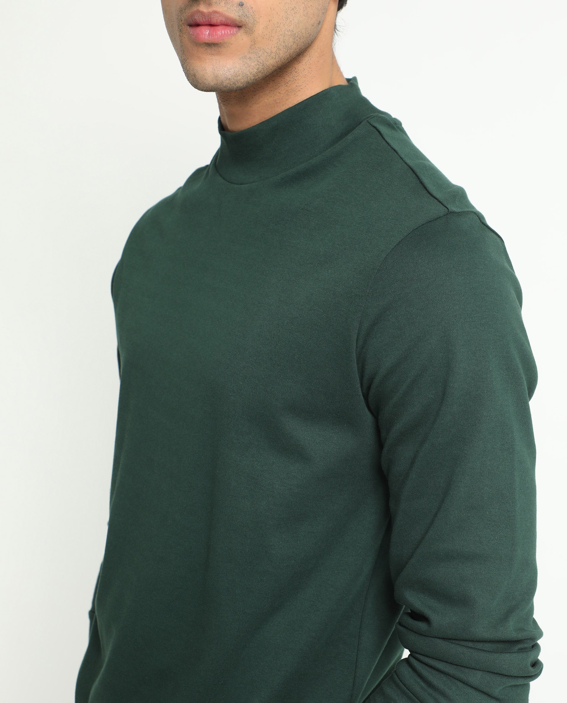 Rare Rabbit Men's Mania Green Cotton Fabric High Neck Full Sleeves Solid Sweatshirt