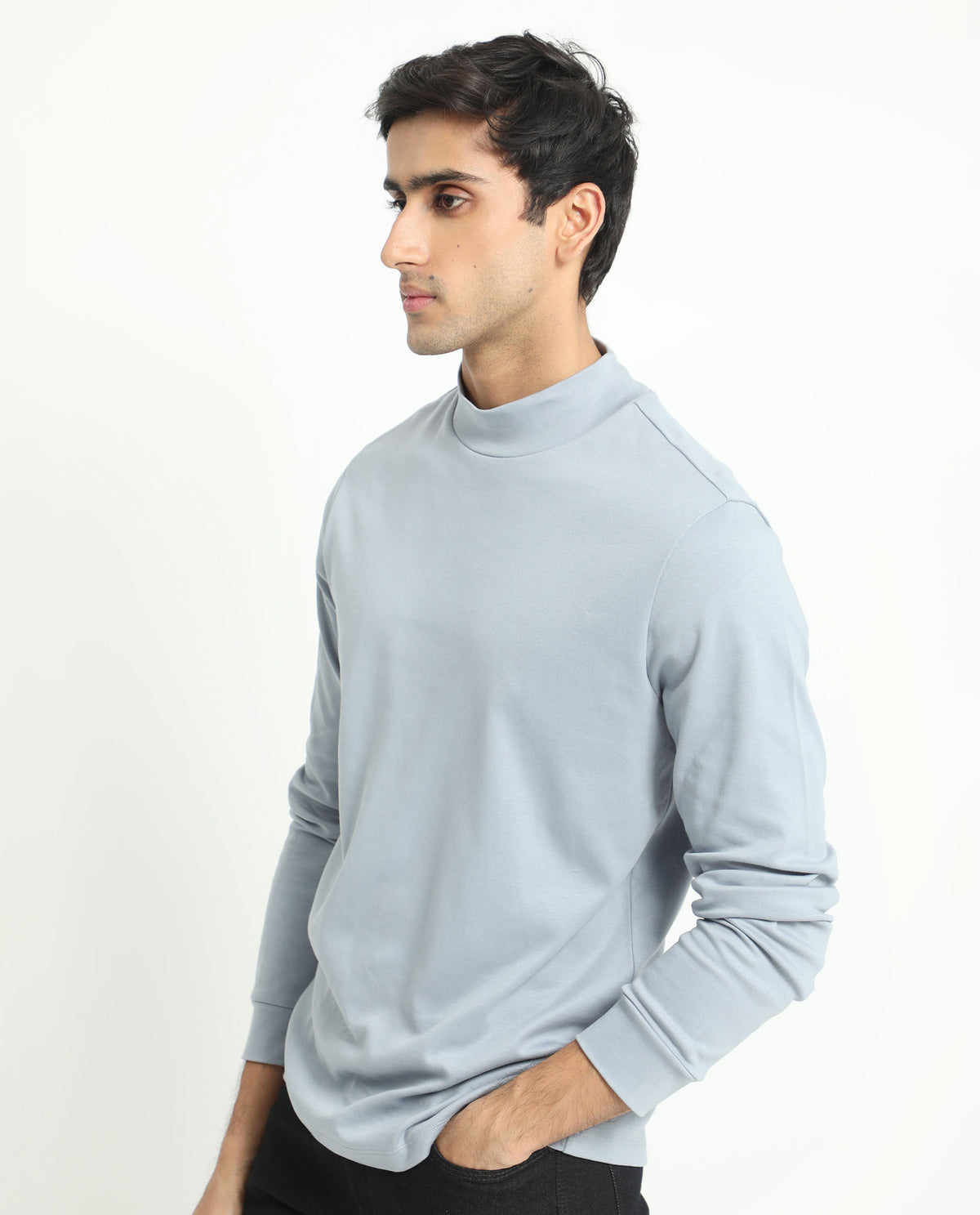 Rare Rabbit Men's Mania Blue Cotton Fabric High Neck Full Sleeves Solid Sweatshirt