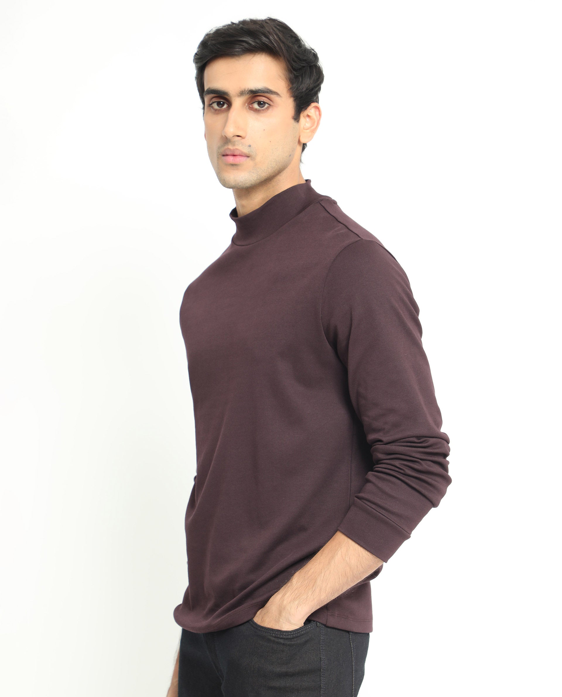 Rare Rabbit Men's Mania Maroon Cotton Fabric Full Sleeves High Neck Solid Sweatshirt
