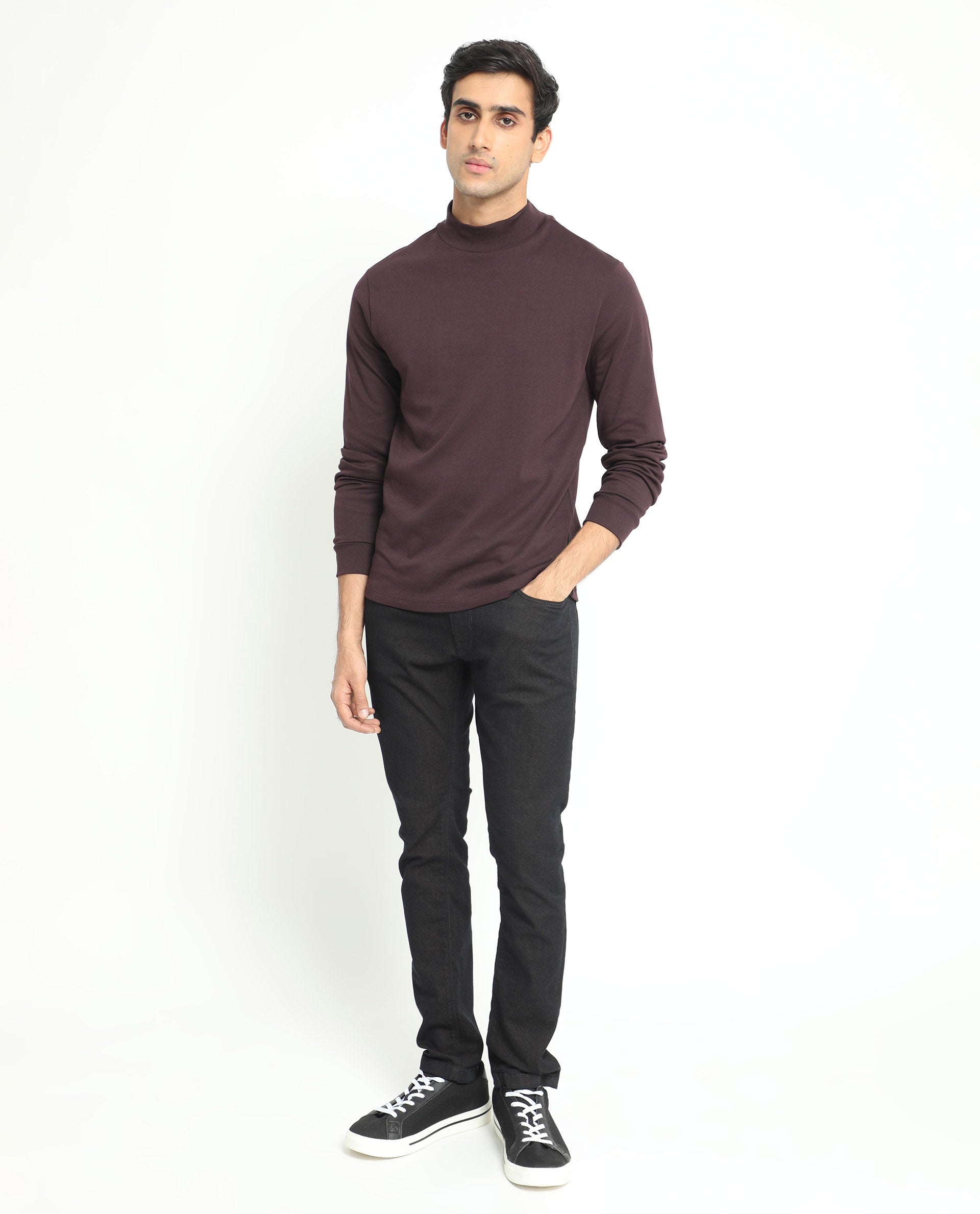 Rare Rabbit Men's Mania Maroon Cotton Fabric Full Sleeves High Neck Solid Sweatshirt
