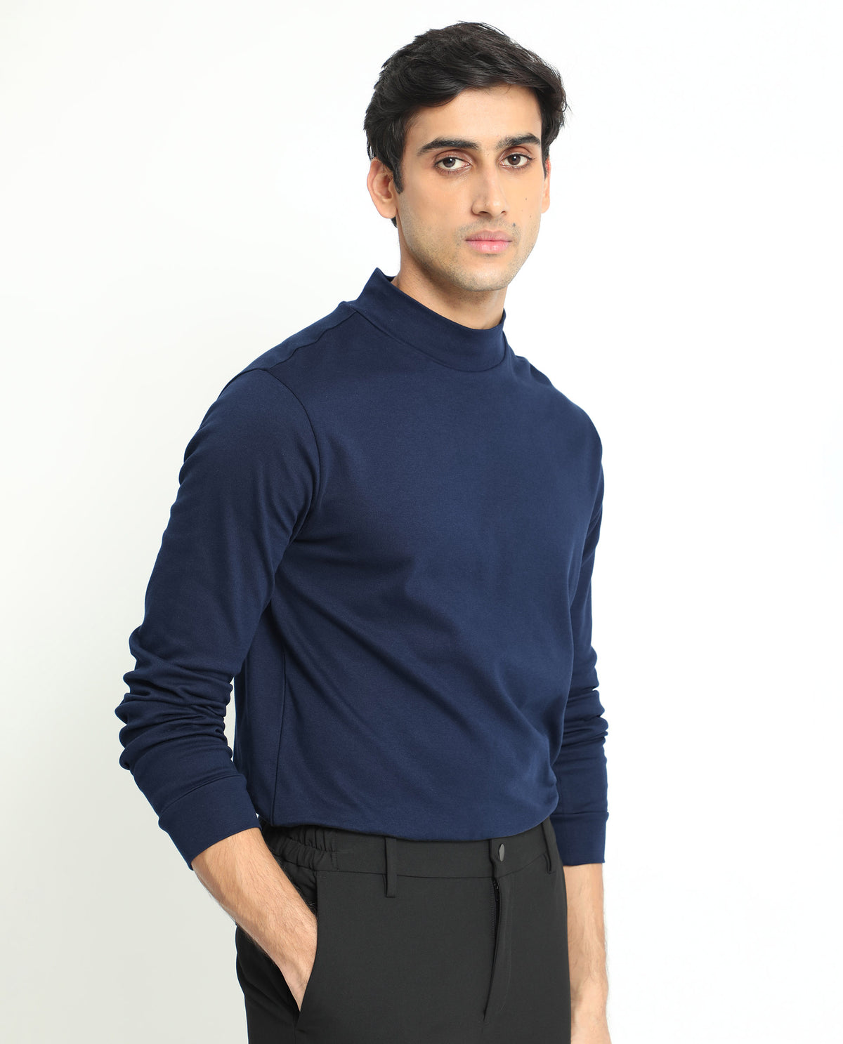 Rare Rabbit Men's Mania Navy Cotton Fabric High Neck Full Sleeves Solid Sweatshirt