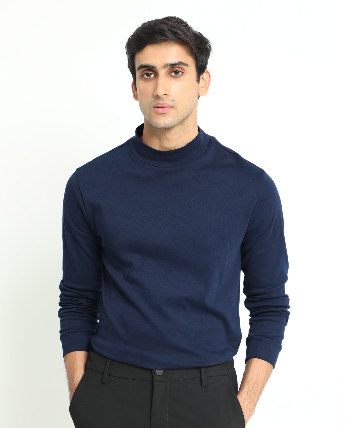 Rare Rabbit Men's Mania Navy Cotton Fabric High Neck Full Sleeves Solid Sweatshirt