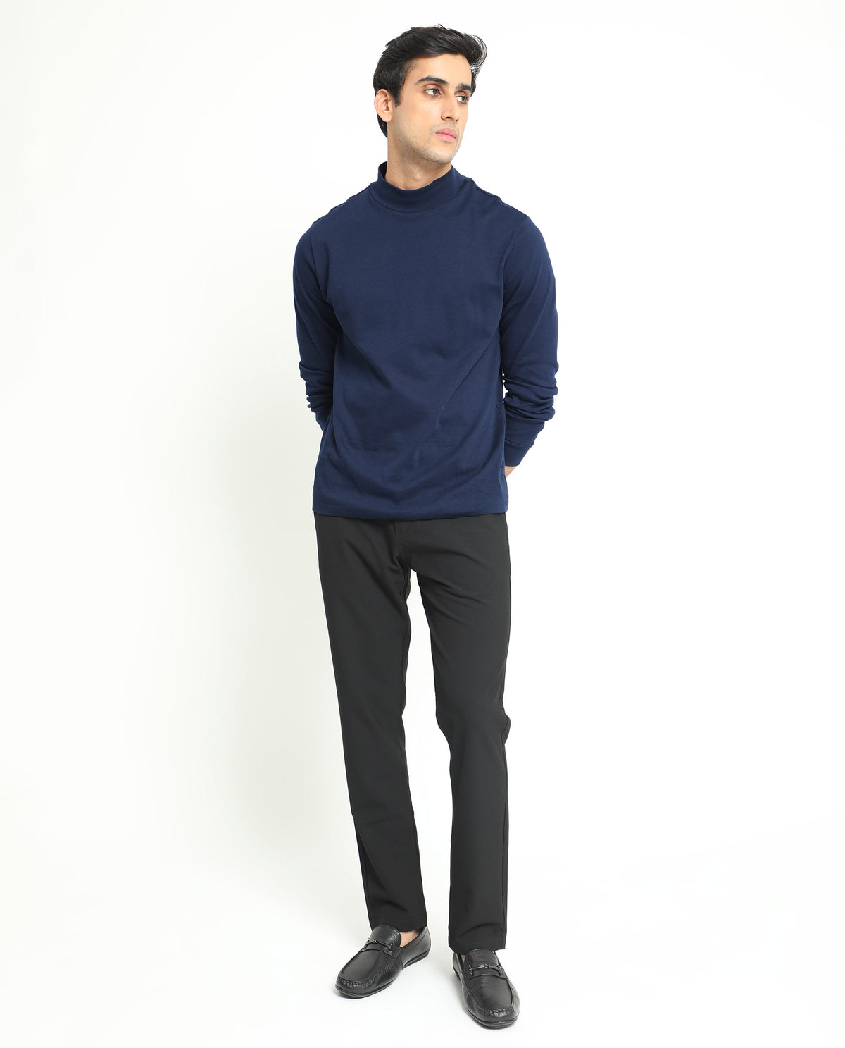 Rare Rabbit Men's Mania Navy Cotton Fabric High Neck Full Sleeves Solid Sweatshirt