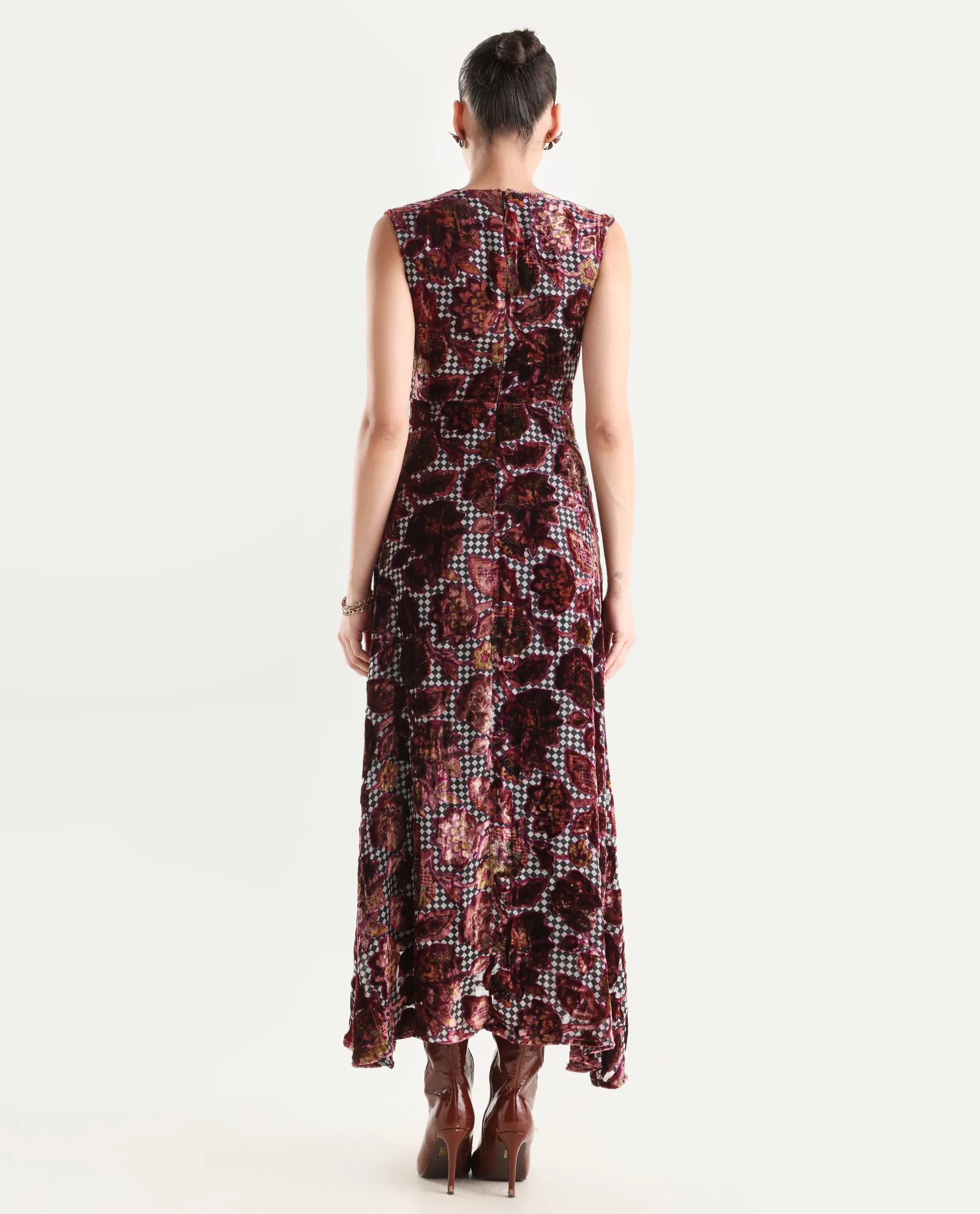 Rareism Women's Manila Multi Velvet V-Neck Floral Print Maxi Fit And Flare Dress