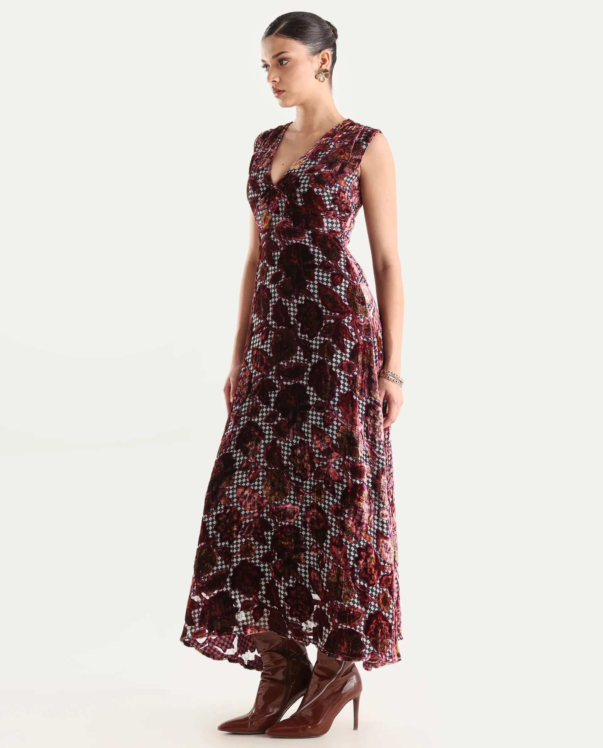 Rareism Women's Manila Multi Velvet V-Neck Floral Print Maxi Fit And Flare Dress