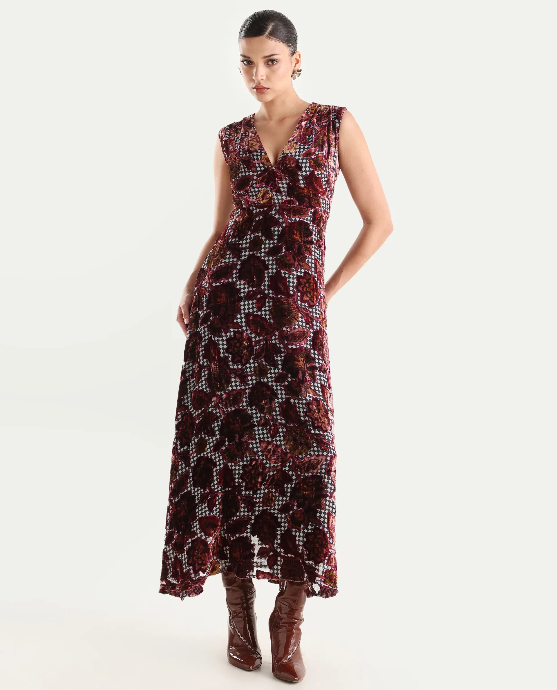 Rareism Women's Manila Multi Velvet V-Neck Floral Print Maxi Fit And Flare Dress