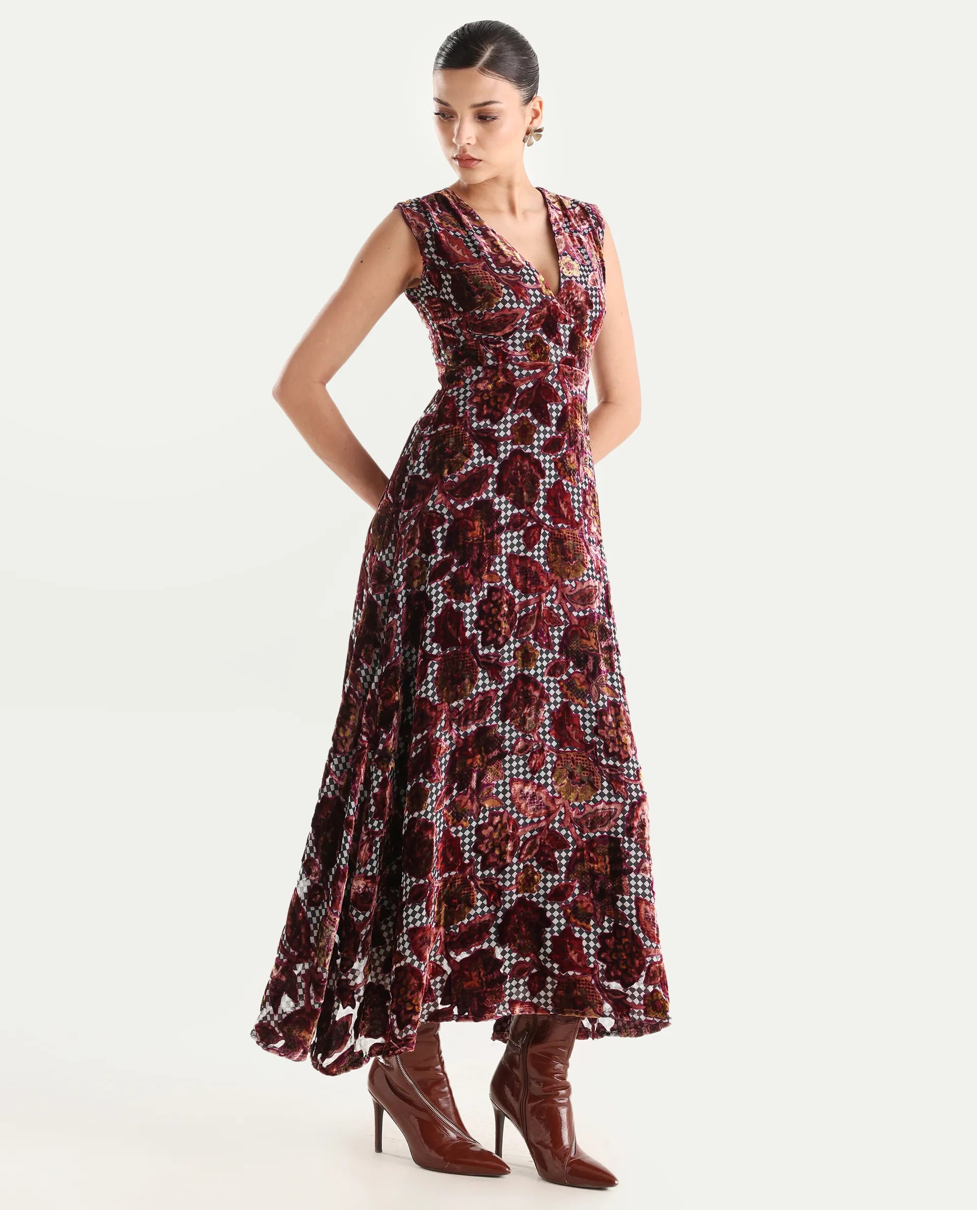 Rareism Women's Manila Multi Velvet V-Neck Floral Print Maxi Fit And Flare Dress
