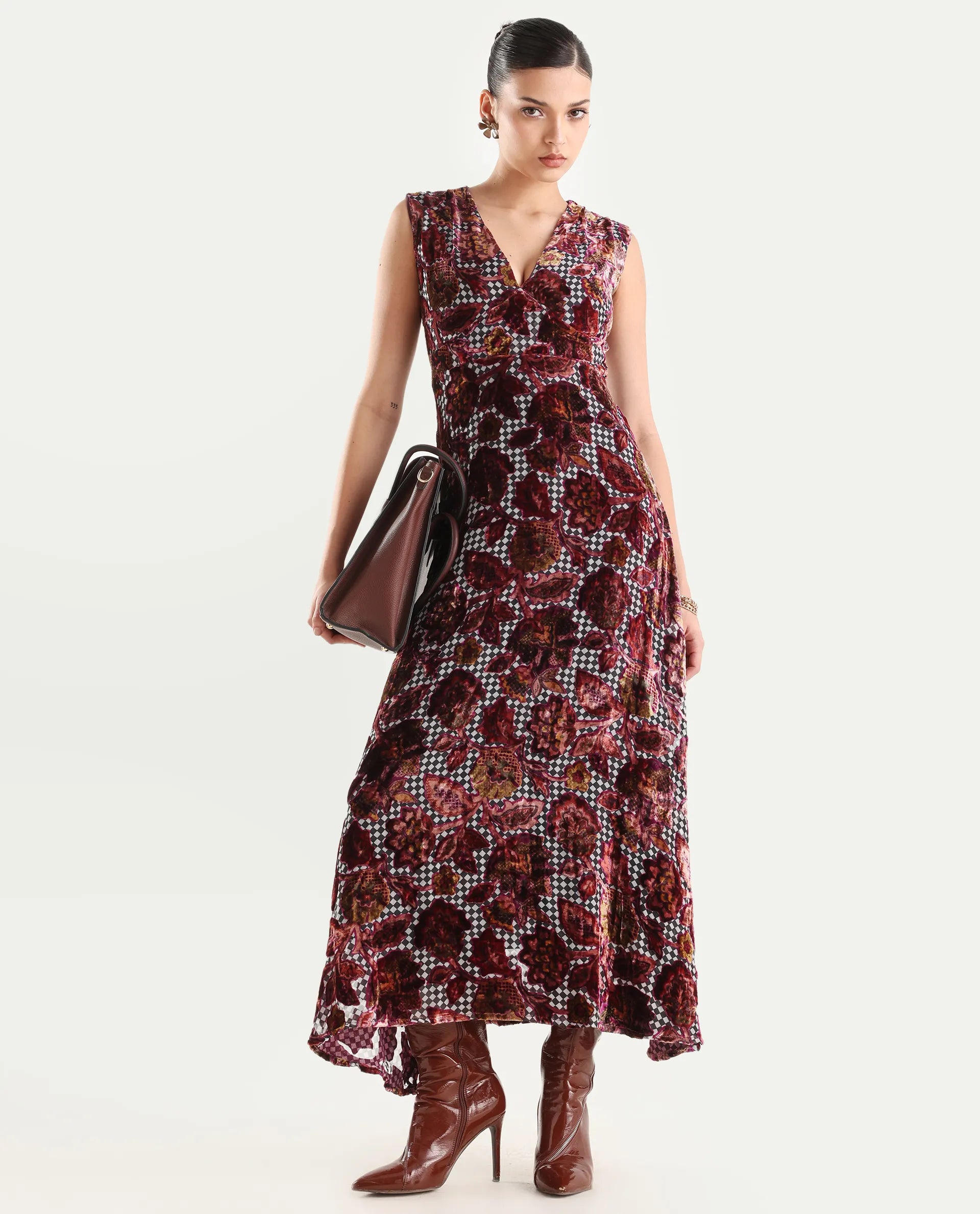 Rareism Women's Manila Multi Velvet V-Neck Floral Print Maxi Fit And Flare Dress