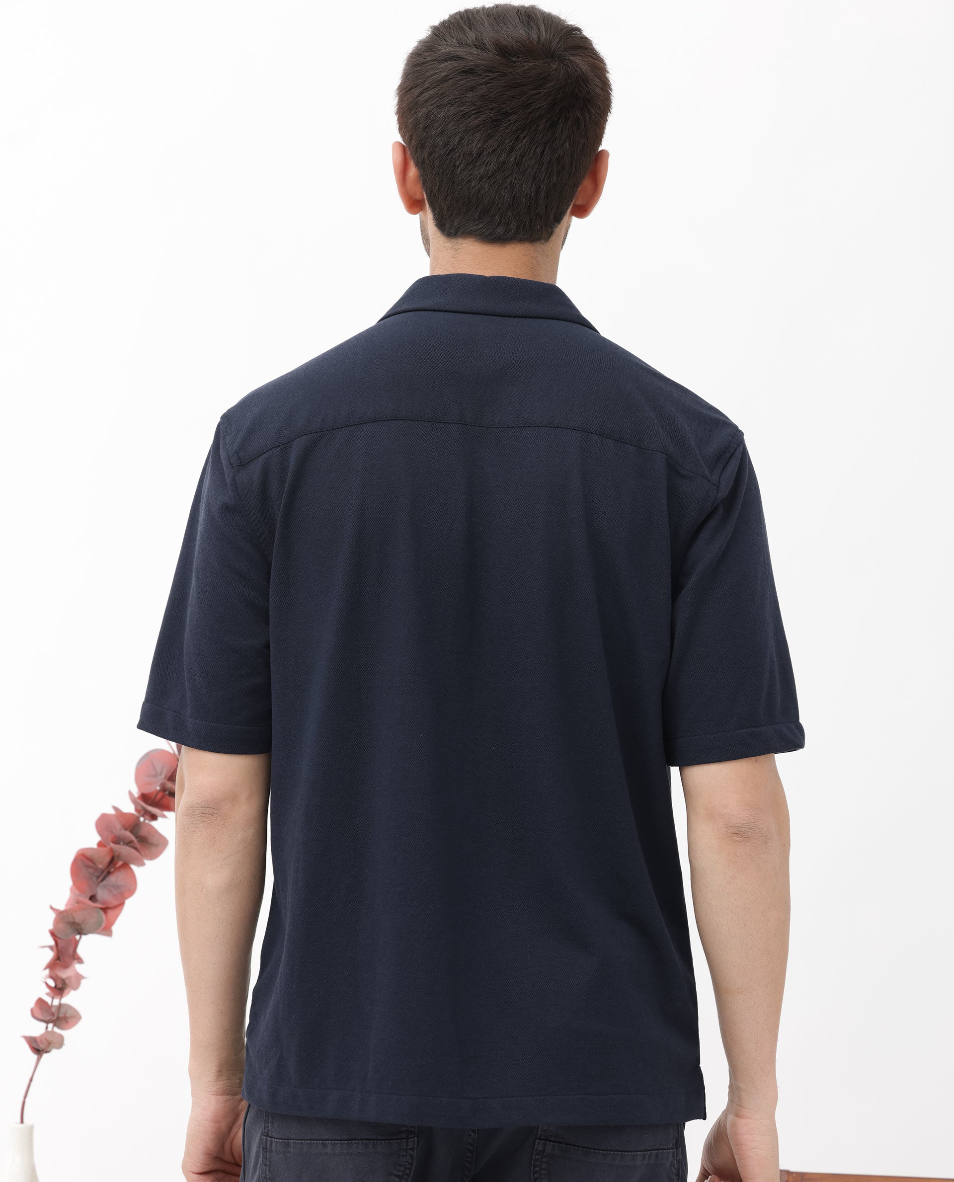 Rare Rabbit Men's Manga Navy Cotton Polyester Fabric Blend Cuban Collar Half Sleeves Boxy Fit Solid Knitted Shirt