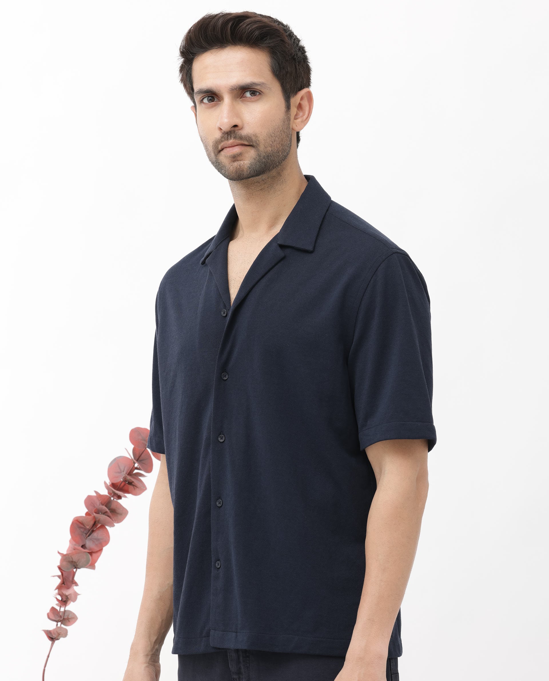 Rare Rabbit Men's Manga Navy Cotton Polyester Fabric Blend Cuban Collar Half Sleeves Boxy Fit Solid Knitted Shirt