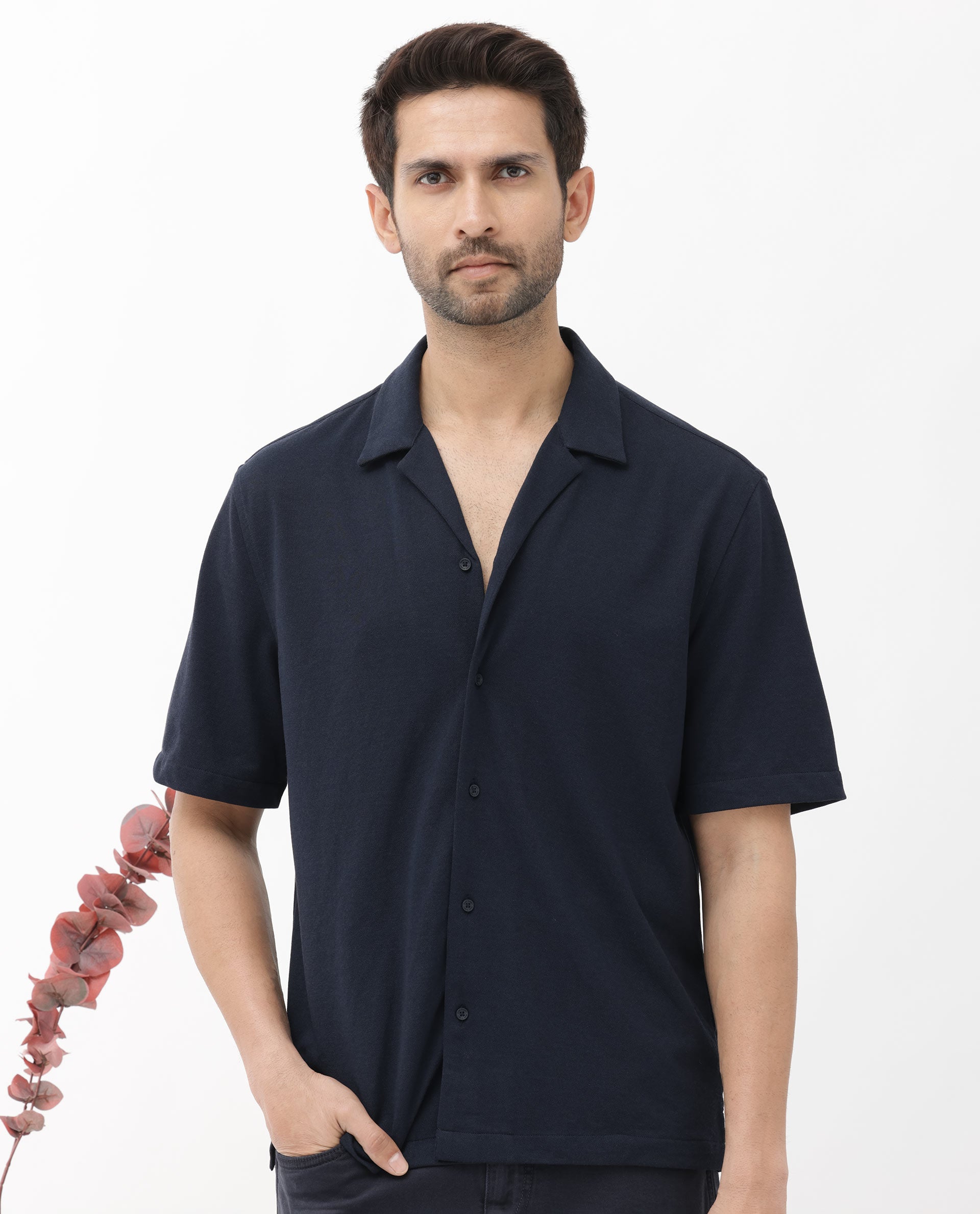 Rare Rabbit Men's Manga Navy Cotton Polyester Fabric Blend Cuban Collar Half Sleeves Boxy Fit Solid Knitted Shirt