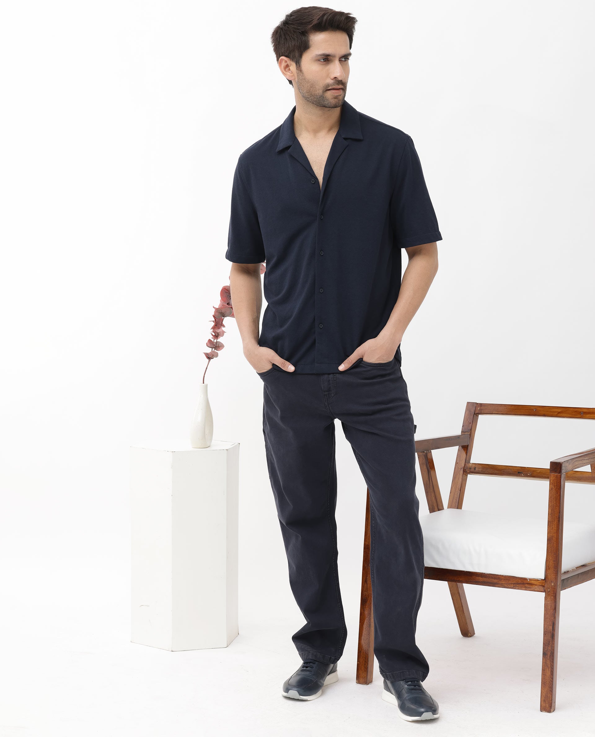 Rare Rabbit Men's Manga Navy Cotton Polyester Fabric Blend Cuban Collar Half Sleeves Boxy Fit Solid Knitted Shirt