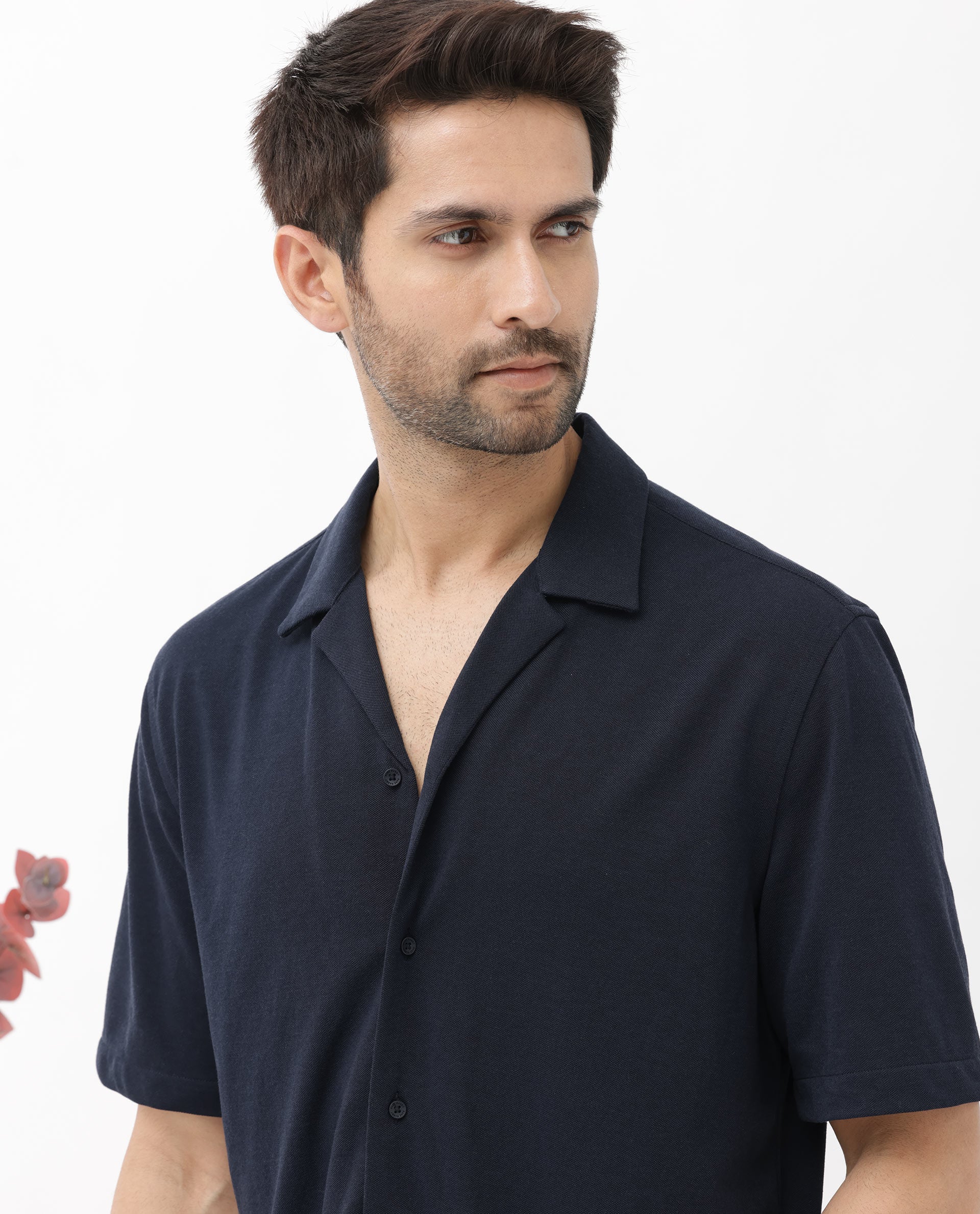 Rare Rabbit Men's Manga Navy Cotton Polyester Fabric Blend Cuban Collar Half Sleeves Boxy Fit Solid Knitted Shirt