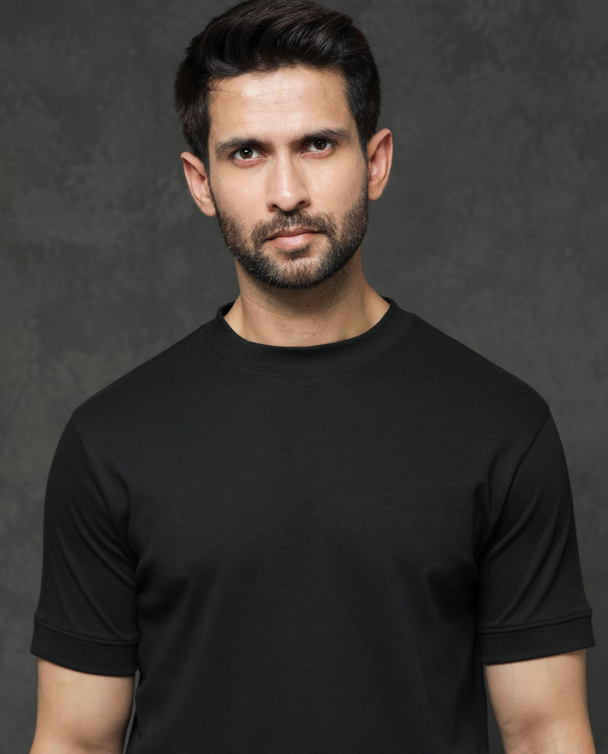 Rare Rabbit Men's Mano Black Cotton Fabric Half Sleeves Solid T-Shirt