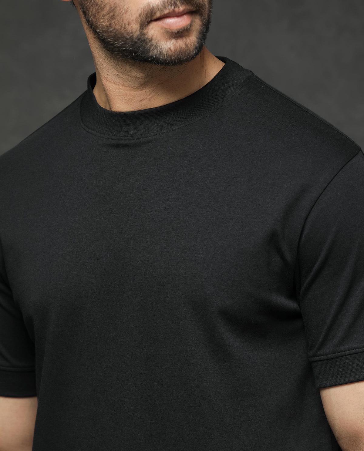 Rare Rabbit Men's Mano Black Cotton Fabric Half Sleeves Solid T-Shirt
