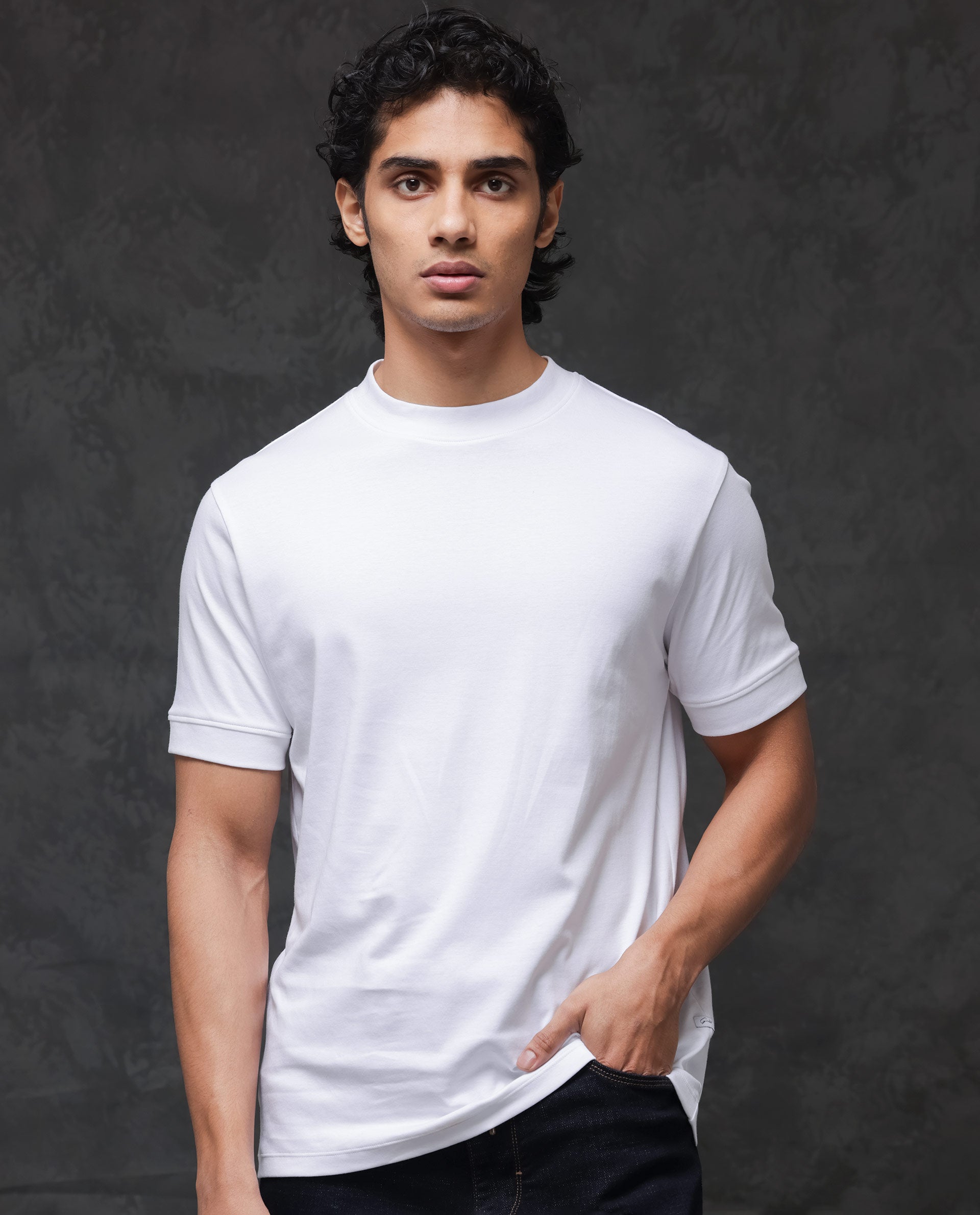 Rare Rabbit Men's Mano White Cotton Fabric Half Sleeves Solid T-Shirt