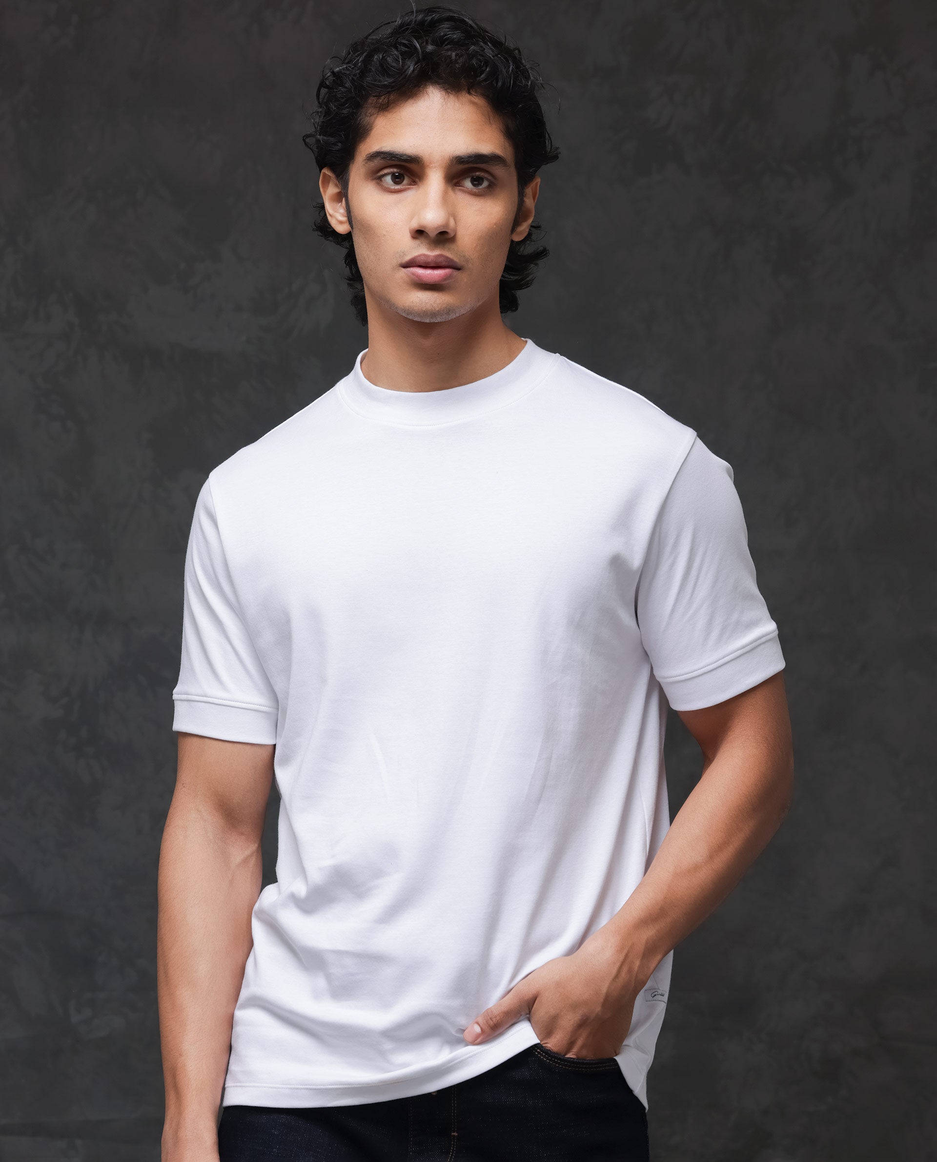 Rare Rabbit Men's Mano White Cotton Fabric Half Sleeves Solid T-Shirt