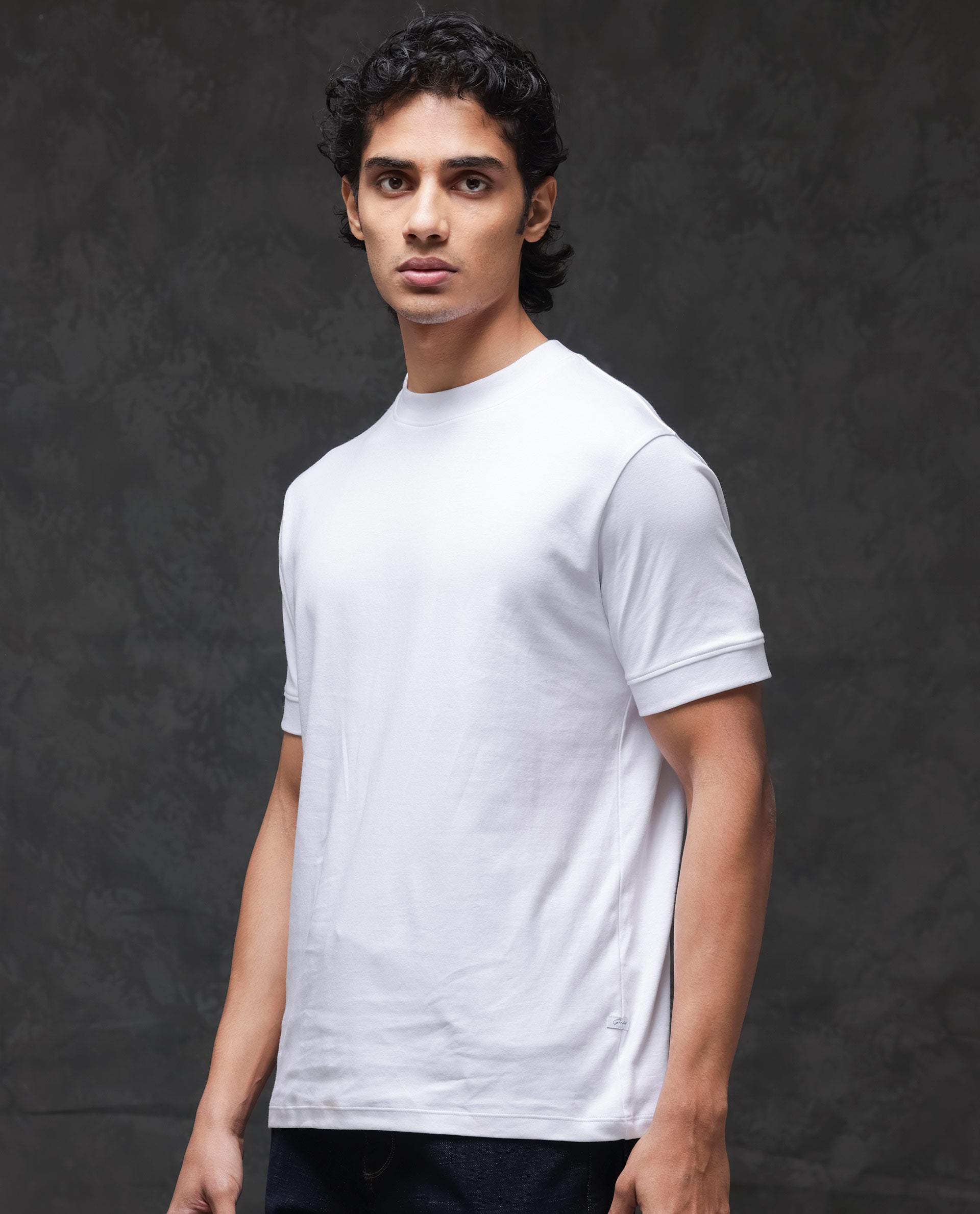 Rare Rabbit Men's Mano White Cotton Fabric Half Sleeves Solid T-Shirt