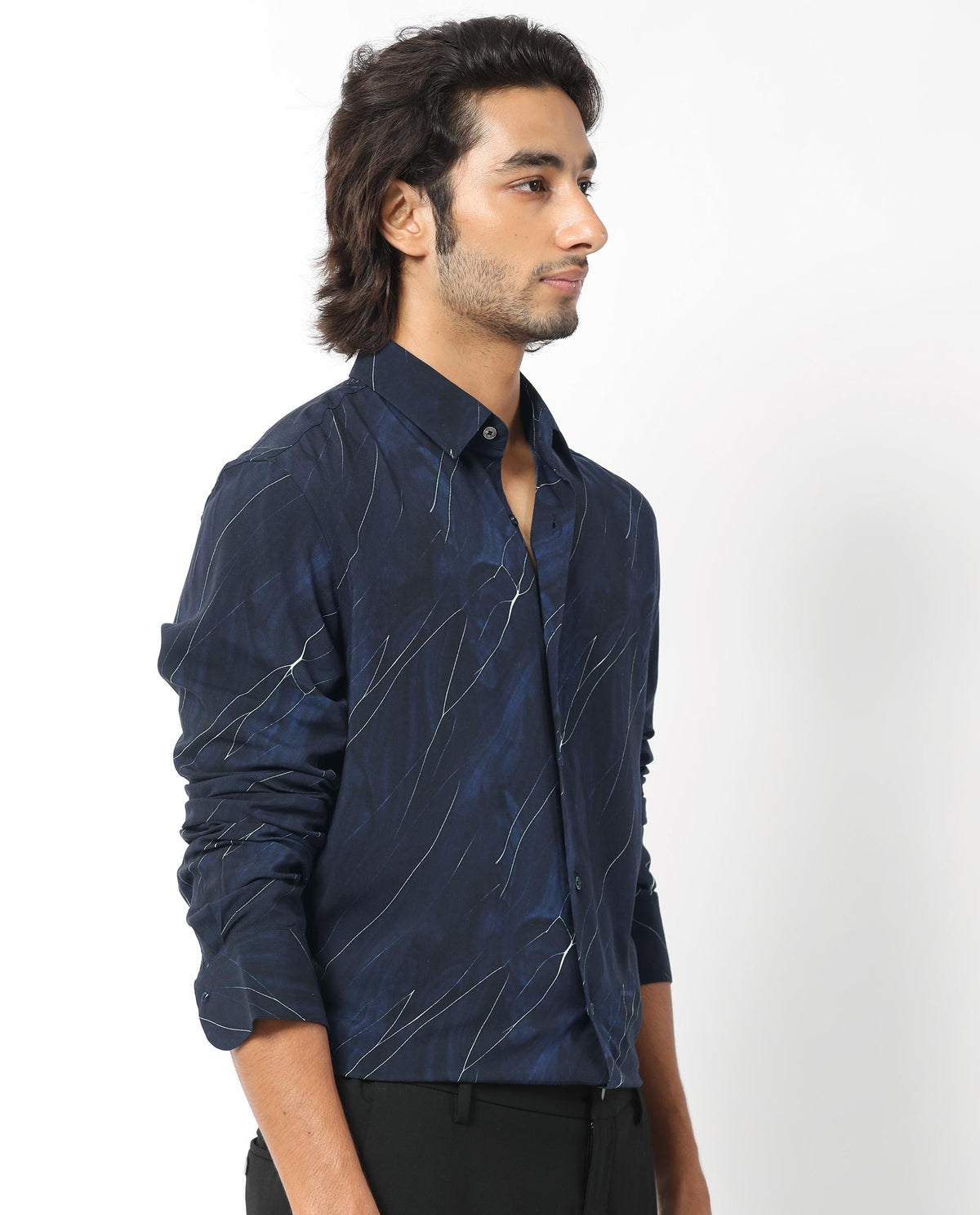 Rare Rabbit Men's Mans Navy Cotton Viscose Fabric Full Sleeves Abstract Print Shirt