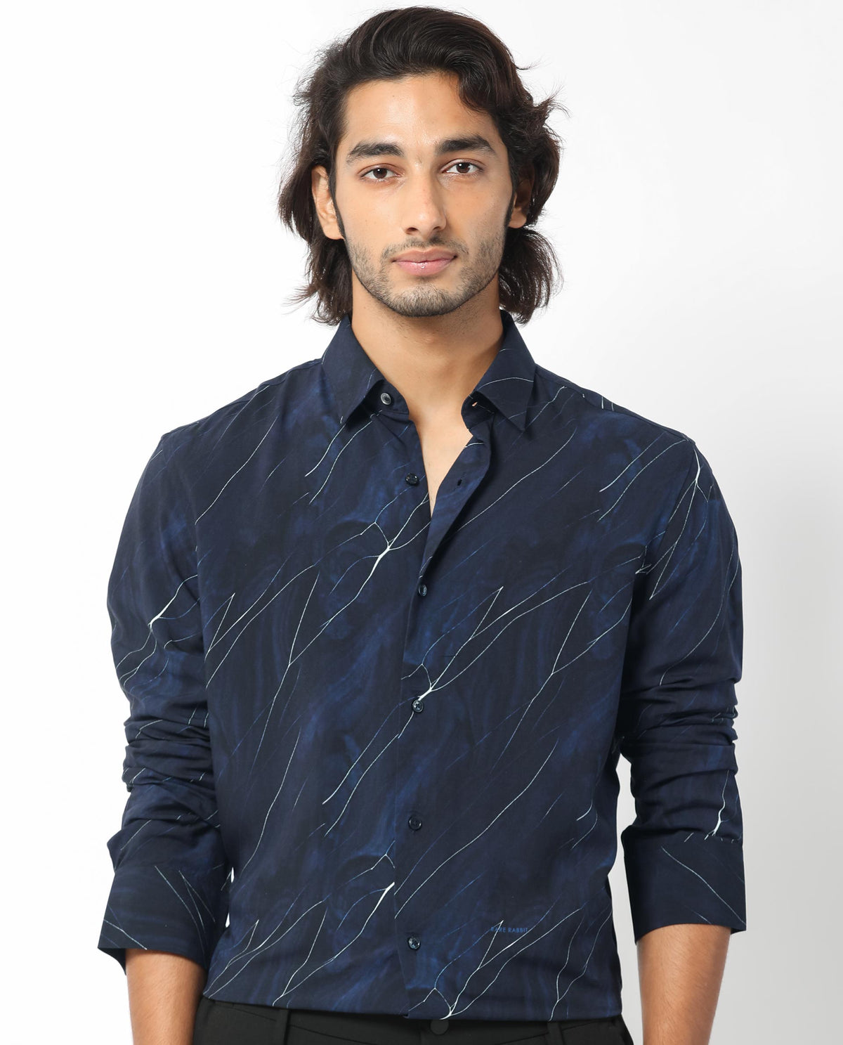 Rare Rabbit Men's Mans Navy Cotton Viscose Fabric Full Sleeves Abstract Print Shirt
