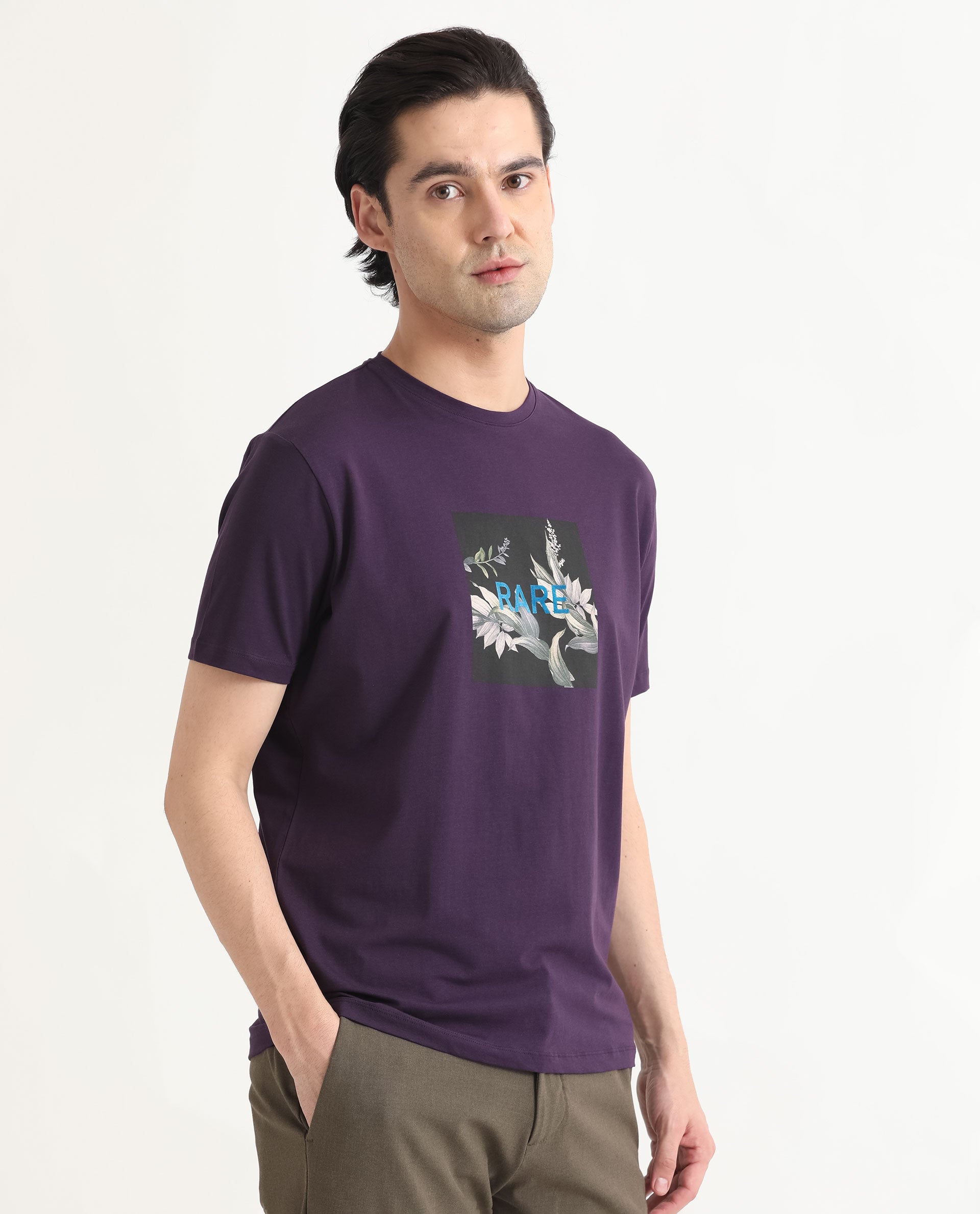 Rare Rabbit Men's Mant Purple Crew Neck Half Sleeves Regular Fit Flock Branding Floral Graphic Print T-Shirt