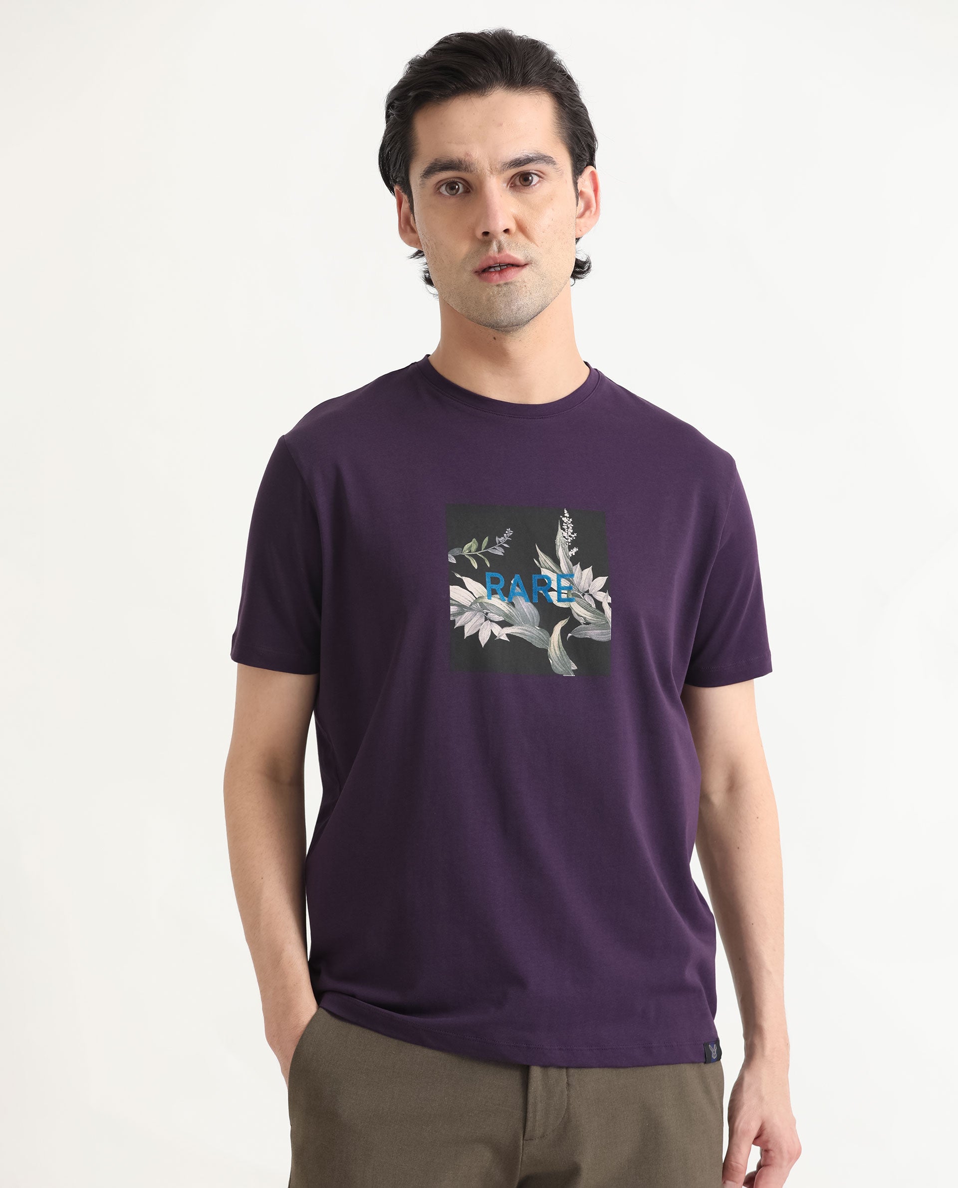 Rare Rabbit Men's Mant Purple Crew Neck Half Sleeves Regular Fit Flock Branding Floral Graphic Print T-Shirt
