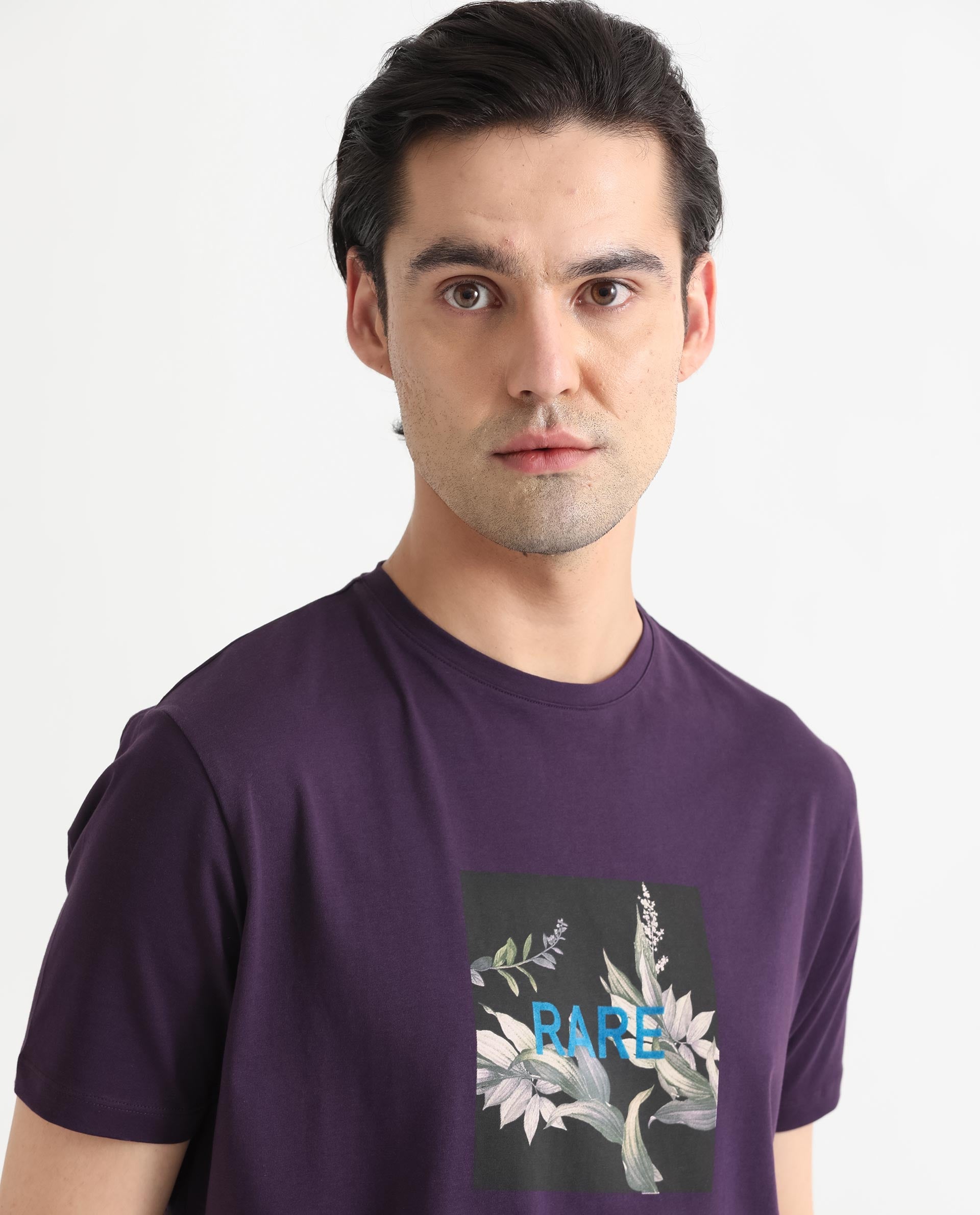 Rare Rabbit Men's Mant Purple Crew Neck Half Sleeves Regular Fit Flock Branding Floral Graphic Print T-Shirt