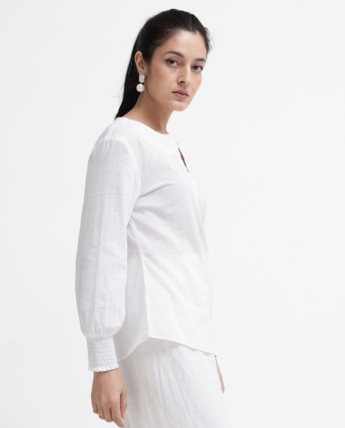 Rareism Women Mante White Cotton Fabric Full Sleeves Button Closure Mandarin Collar Bishop Sleeve Regular Fit Plain Top