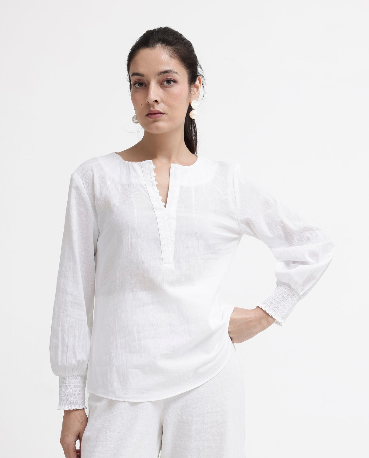 Rareism Women Mante White Cotton Fabric Full Sleeves Button Closure Mandarin Collar Bishop Sleeve Regular Fit Plain Top