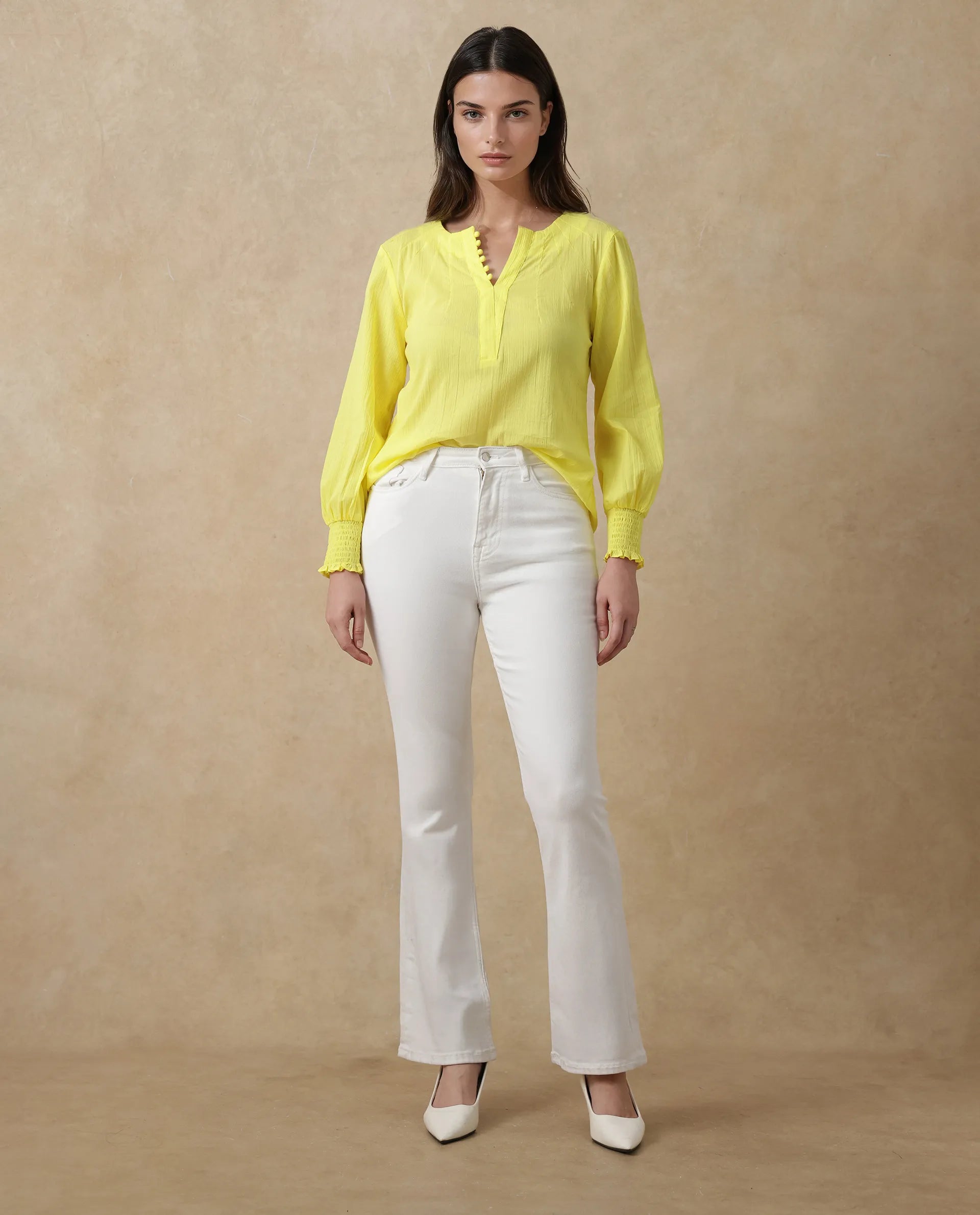 Rareism Women's Mante Yellow Cotton Crew Neck Plain Bishop Sleeve Regular Fit Top