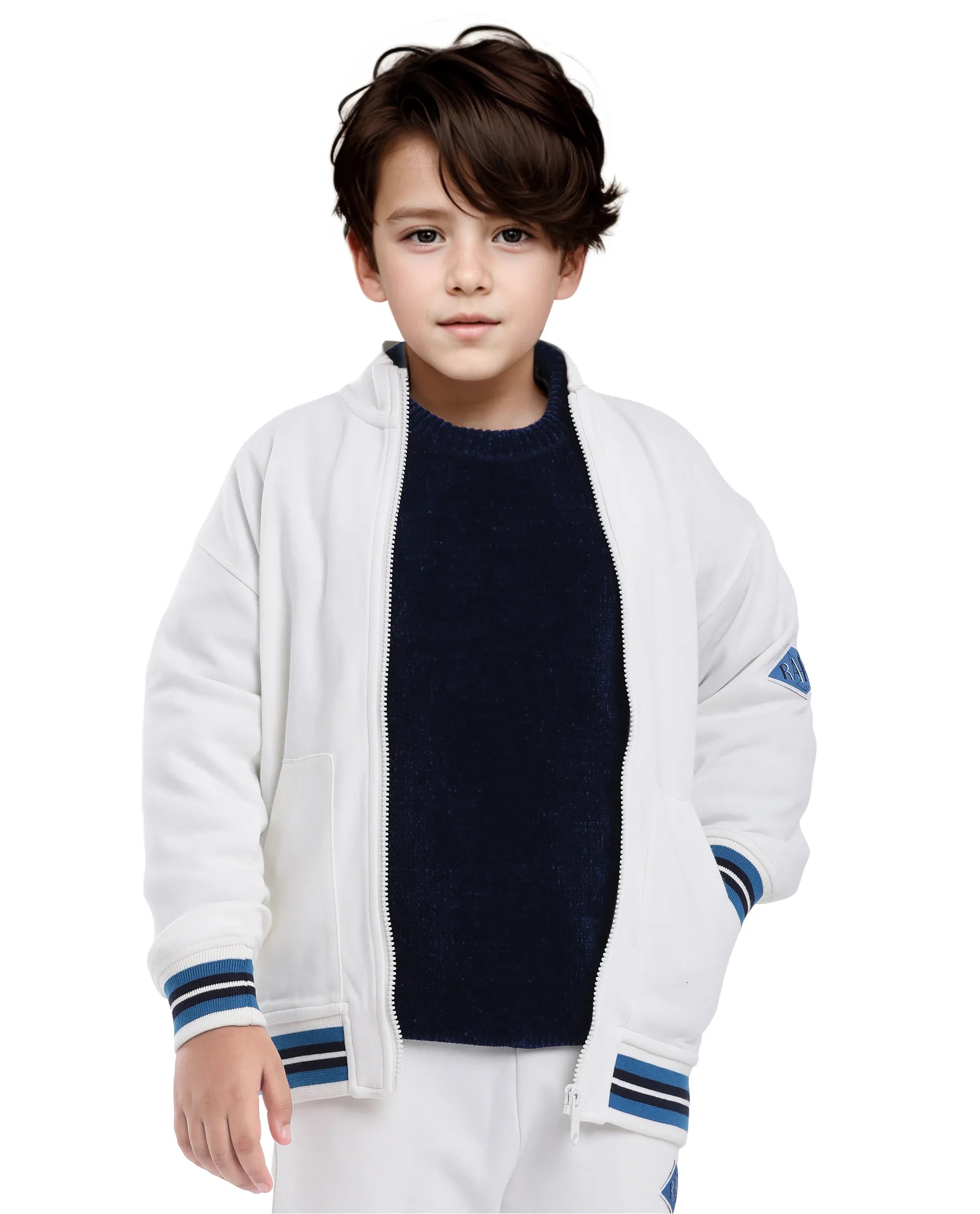 Rare Ones Kids Manttn White Cotton Poly Full Sleeve Applique Jacket