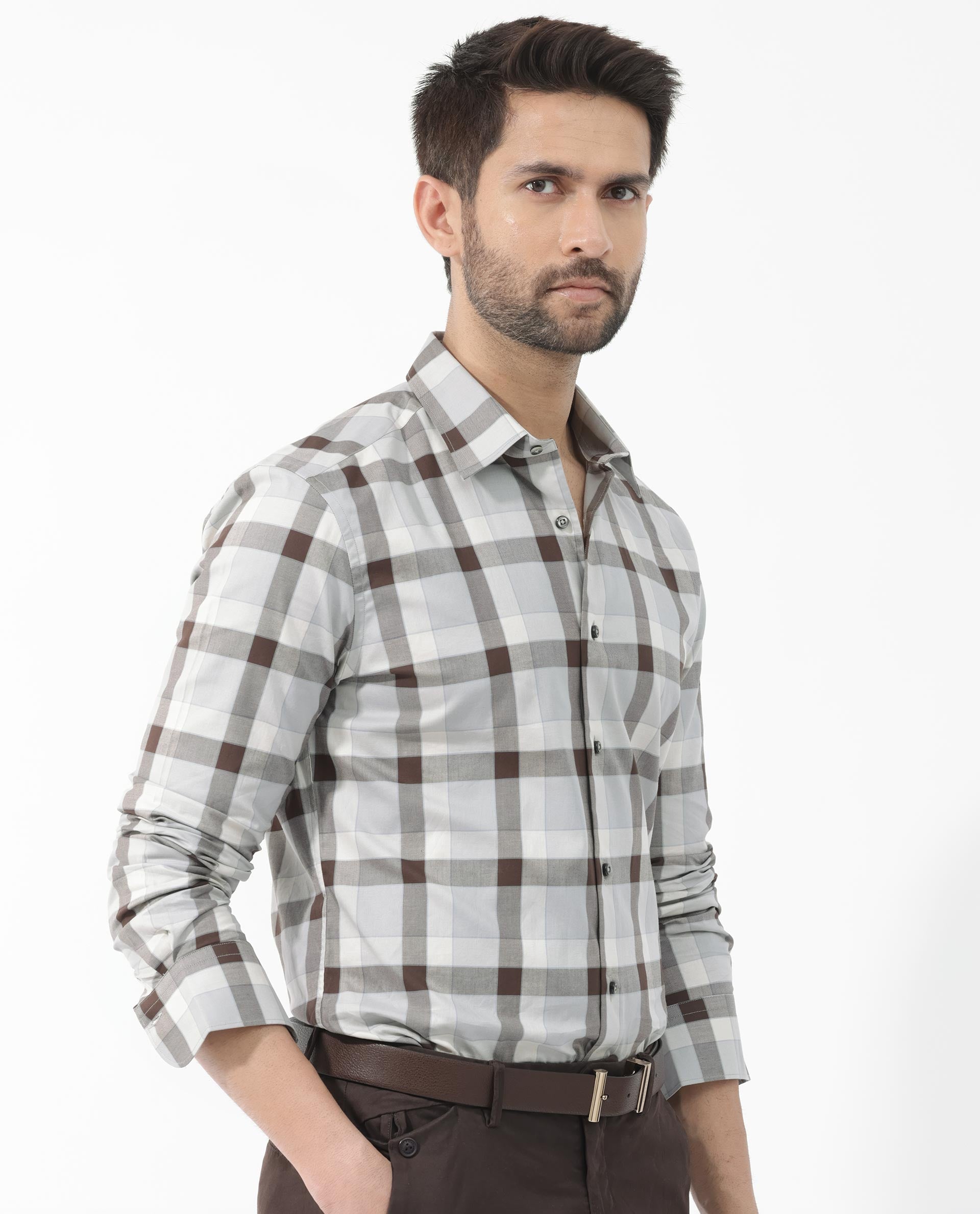 Rare Rabbit Men's Mape Light Grey Shirt Cotton Full Sleeve Checks