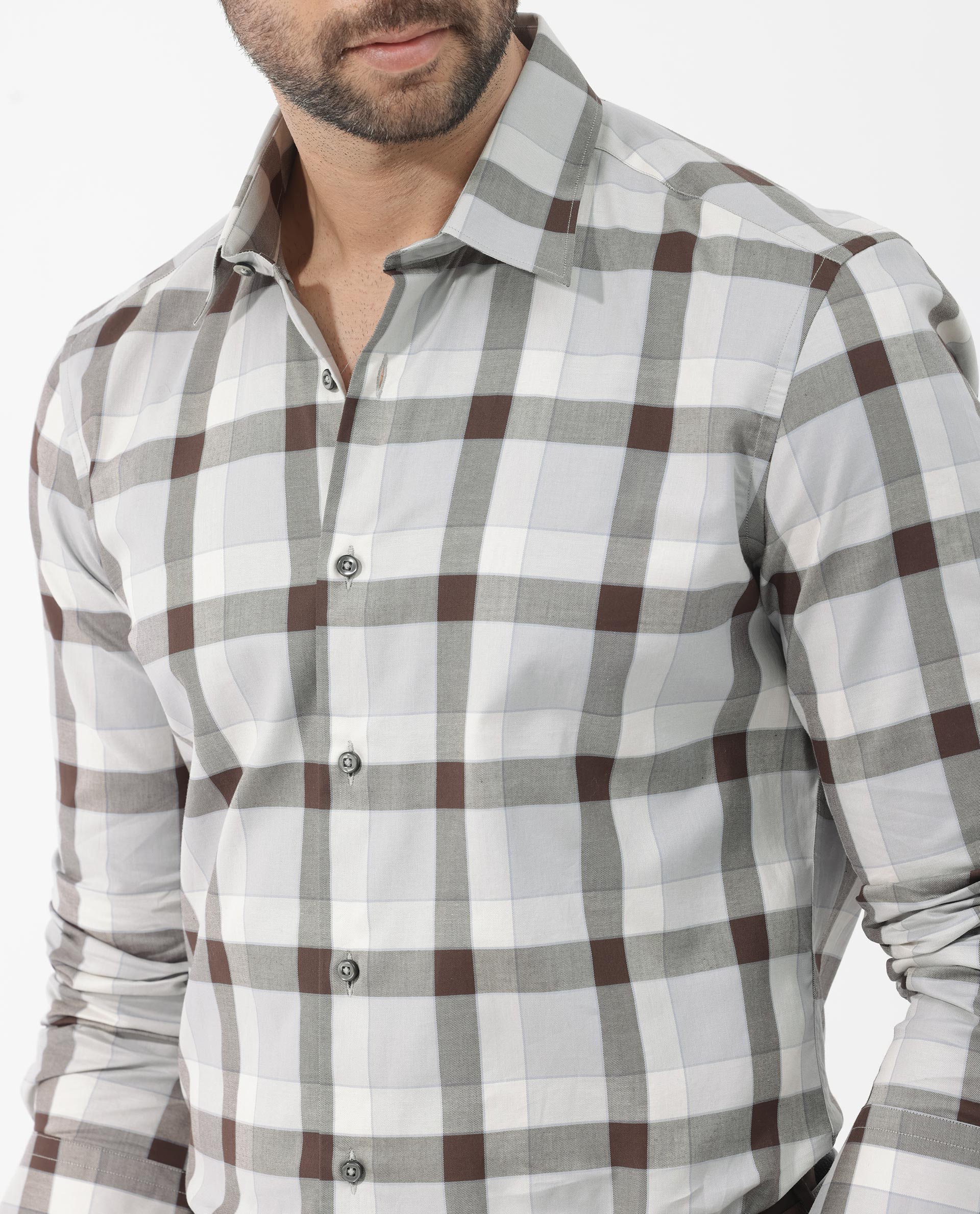 Rare Rabbit Men's Mape Light Grey Shirt Cotton Full Sleeve Checks