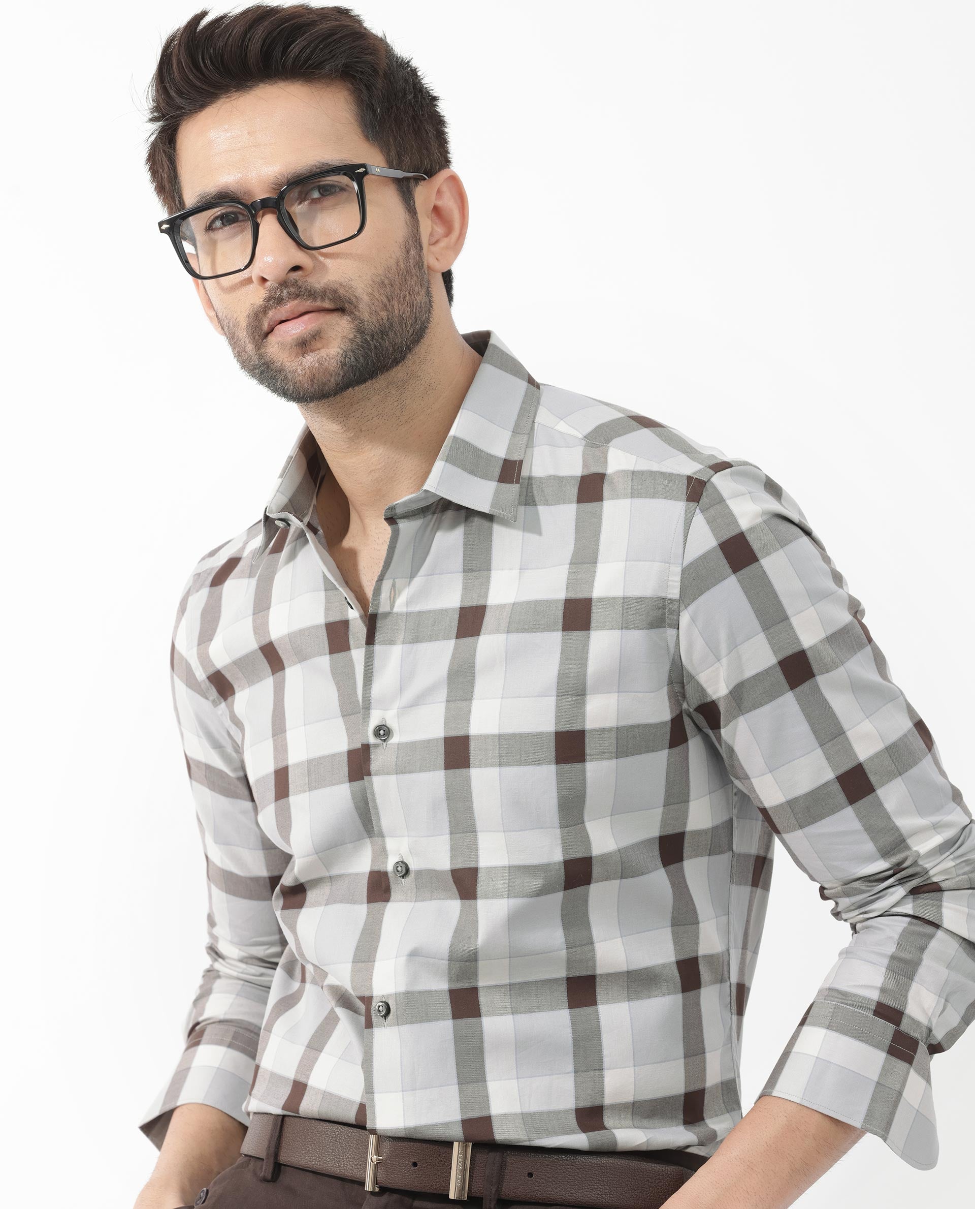 Rare Rabbit Men's Mape Light Grey Shirt Cotton Full Sleeve Checks