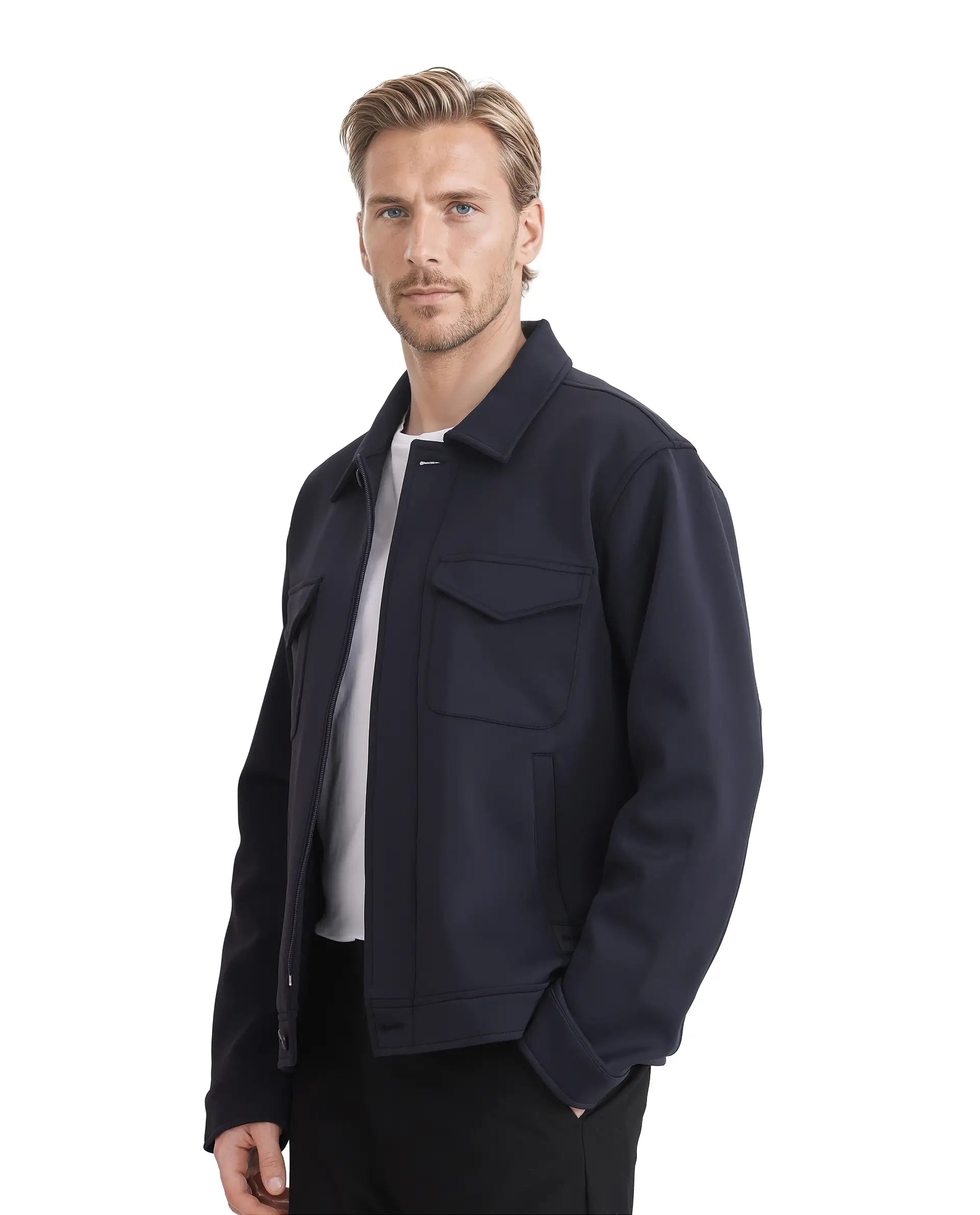 Rare Rabbit Men Mapi Navy Nylon Fabric Full Sleeves Spread Collar Button and Zipper Closure Plain Jacket