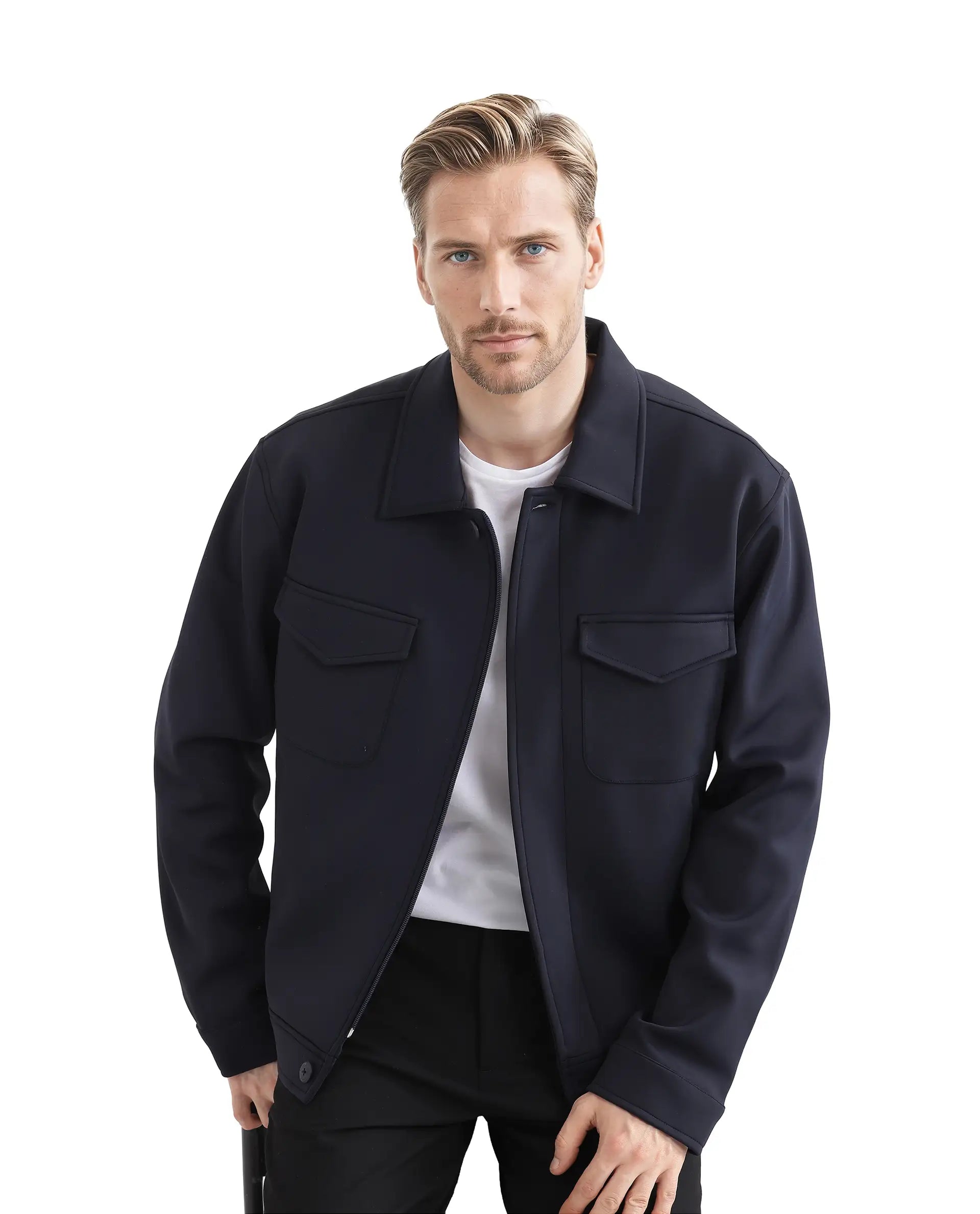 Rare Rabbit Men Mapi Navy Nylon Fabric Full Sleeves Spread Collar Button and Zipper Closure Plain Jacket