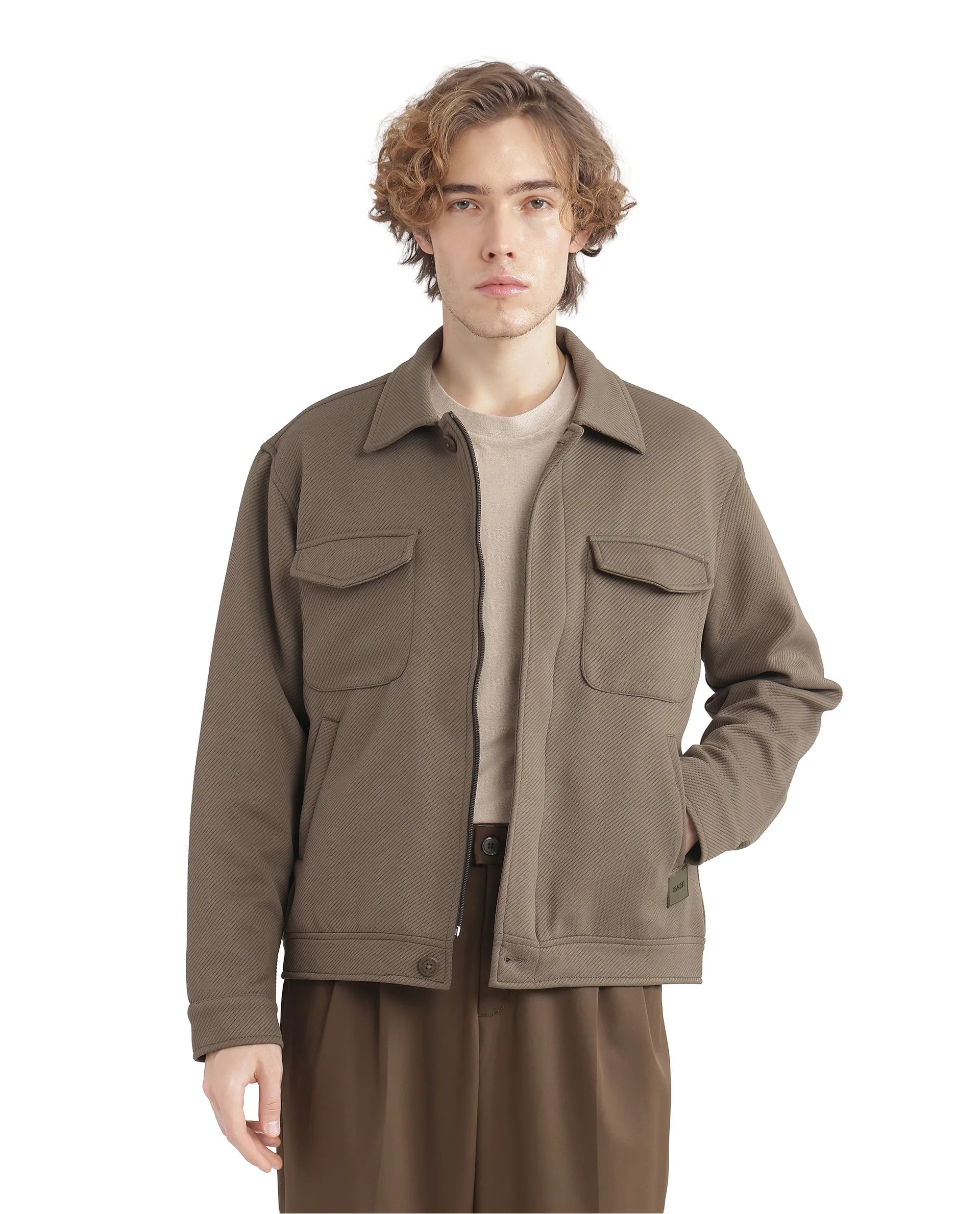 Rare Rabbit Men Mapis Olive Polyester Fabric Full Sleeves Curved Collar Zipper Closure Plain Jacket