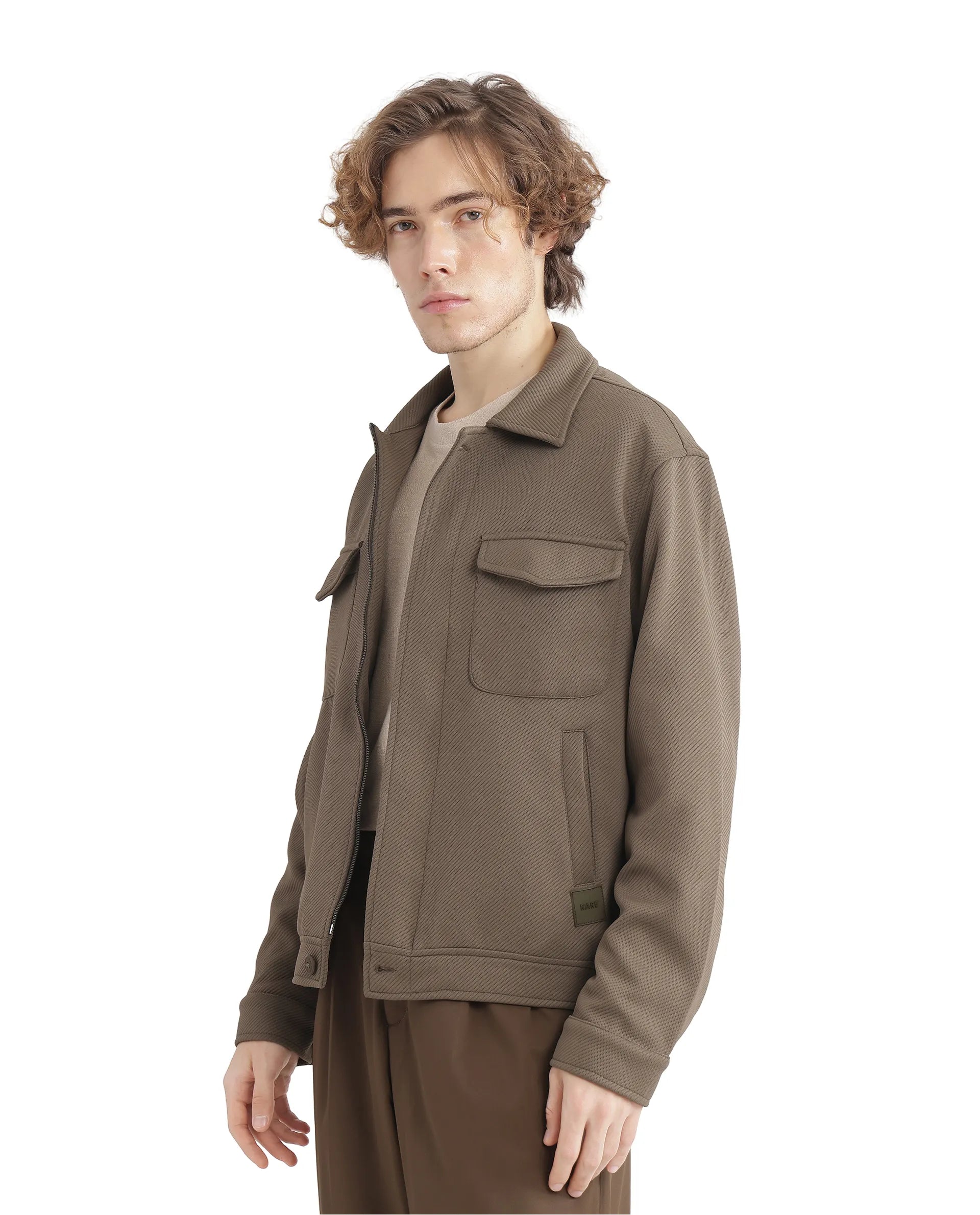 Rare Rabbit Men Mapis Olive Polyester Fabric Full Sleeves Curved Collar Zipper Closure Plain Jacket