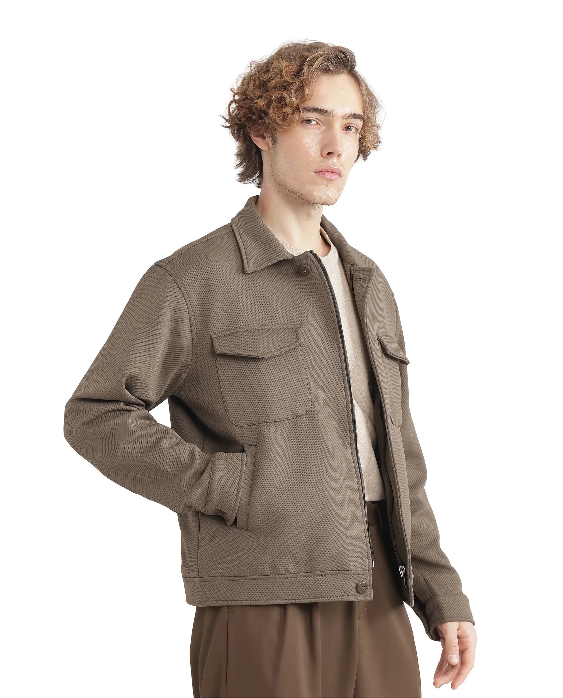 Rare Rabbit Men Mapis Olive Polyester Fabric Full Sleeves Curved Collar Zipper Closure Plain Jacket