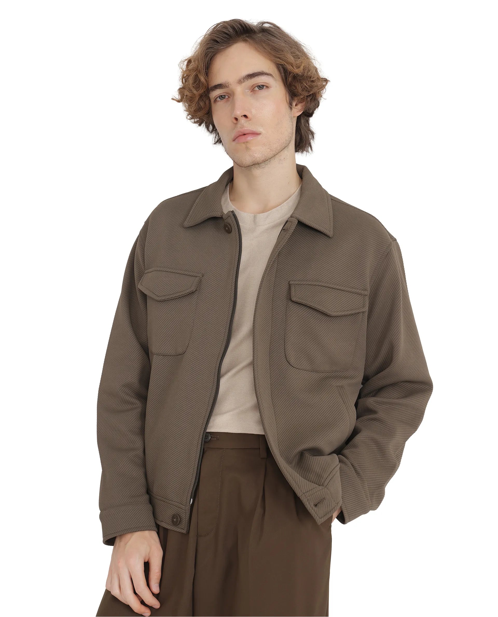 Rare Rabbit Men Mapis Olive Polyester Fabric Full Sleeves Curved Collar Zipper Closure Plain Jacket