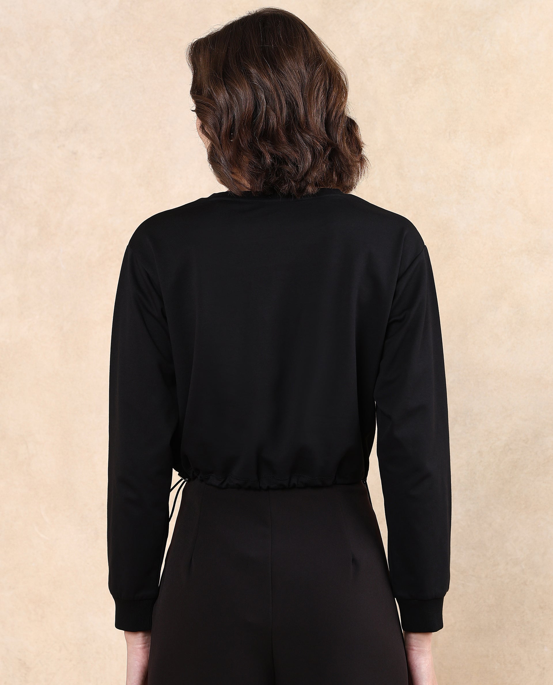 Rareism Women Maple Black Cotton Blend Fabric Full Sleeve Round Neck Relaxed Fit Cropped Plain Sweatshirt