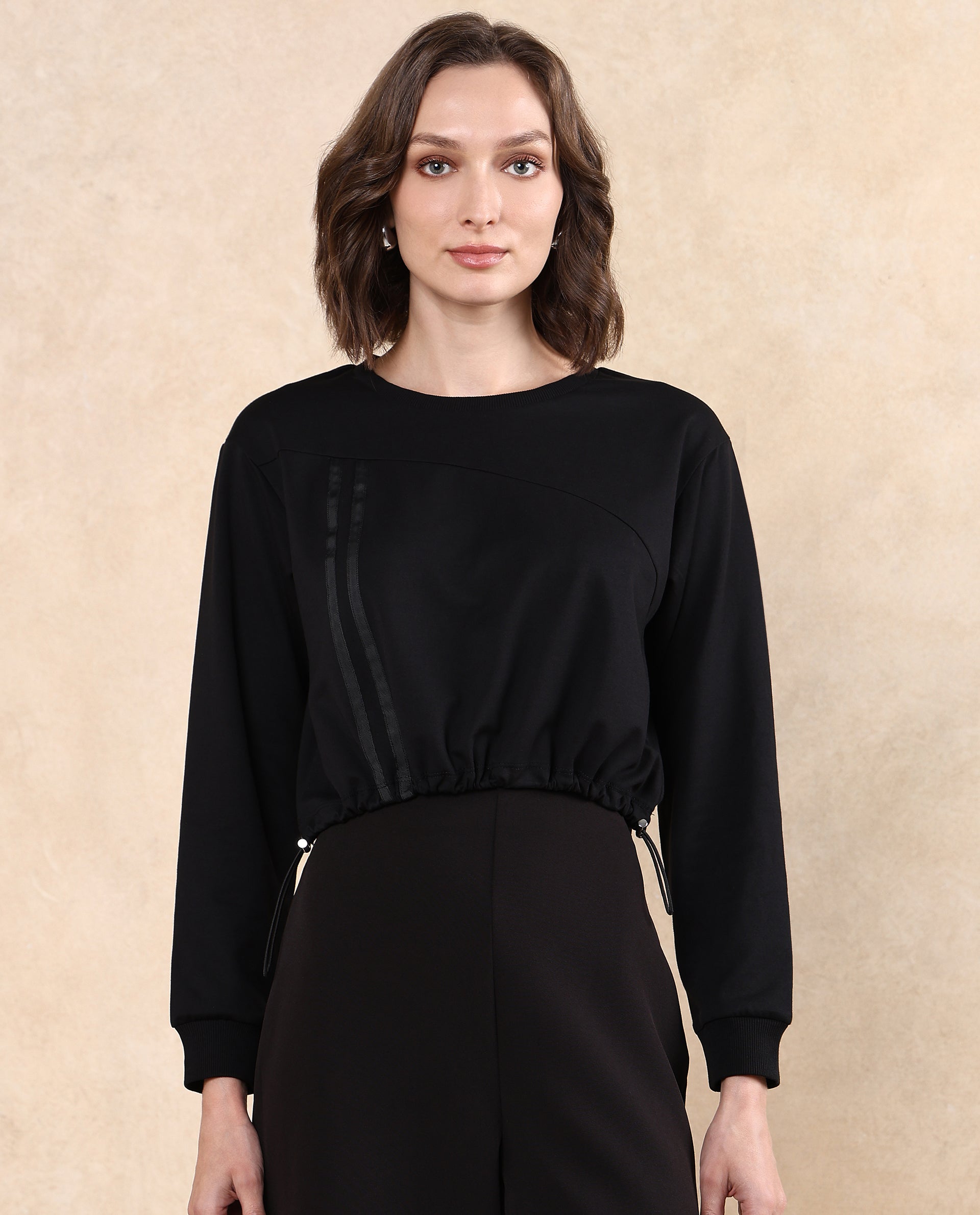 Rareism Women Maple Black Cotton Blend Fabric Full Sleeve Round Neck Relaxed Fit Cropped Plain Sweatshirt